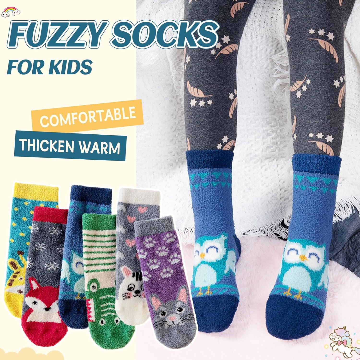Eyean Kids Fuzzy Socks Non Slip Soft Fluffy Slipper Grips Socks Warm Plush Cozy Cabin Boy Girls Crew Socks 6 Pairs - Image 5