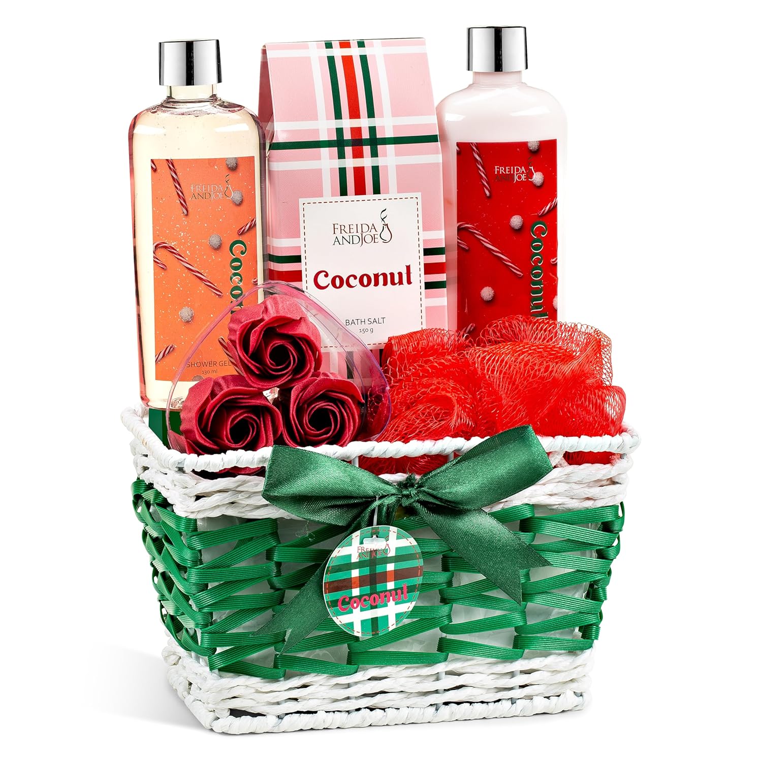 Coconut Spa Gift Basket Bath & Body Set with Shower Gel, Body Lotion, Bath Salts, Soap Flowers, Bath Sponge in a Wicker Basket (Red & Green Set) – Mother's Day Gift for Mom