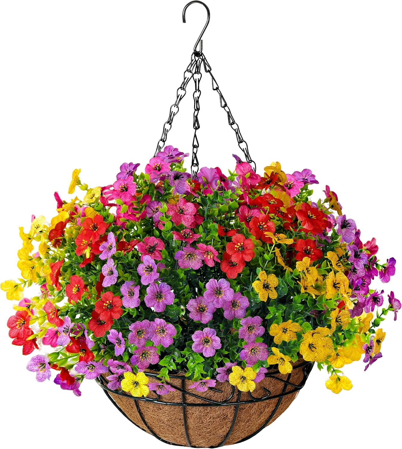 TDHDIKE Artificial Faux Fake Hanging Flowers Plants Basket for Summer Outdoor Outside Decoration UV Resistant Fake Silk Colorful Daisy Eucalyptus for Porch Patio Balcony Yard Garden Home Decor