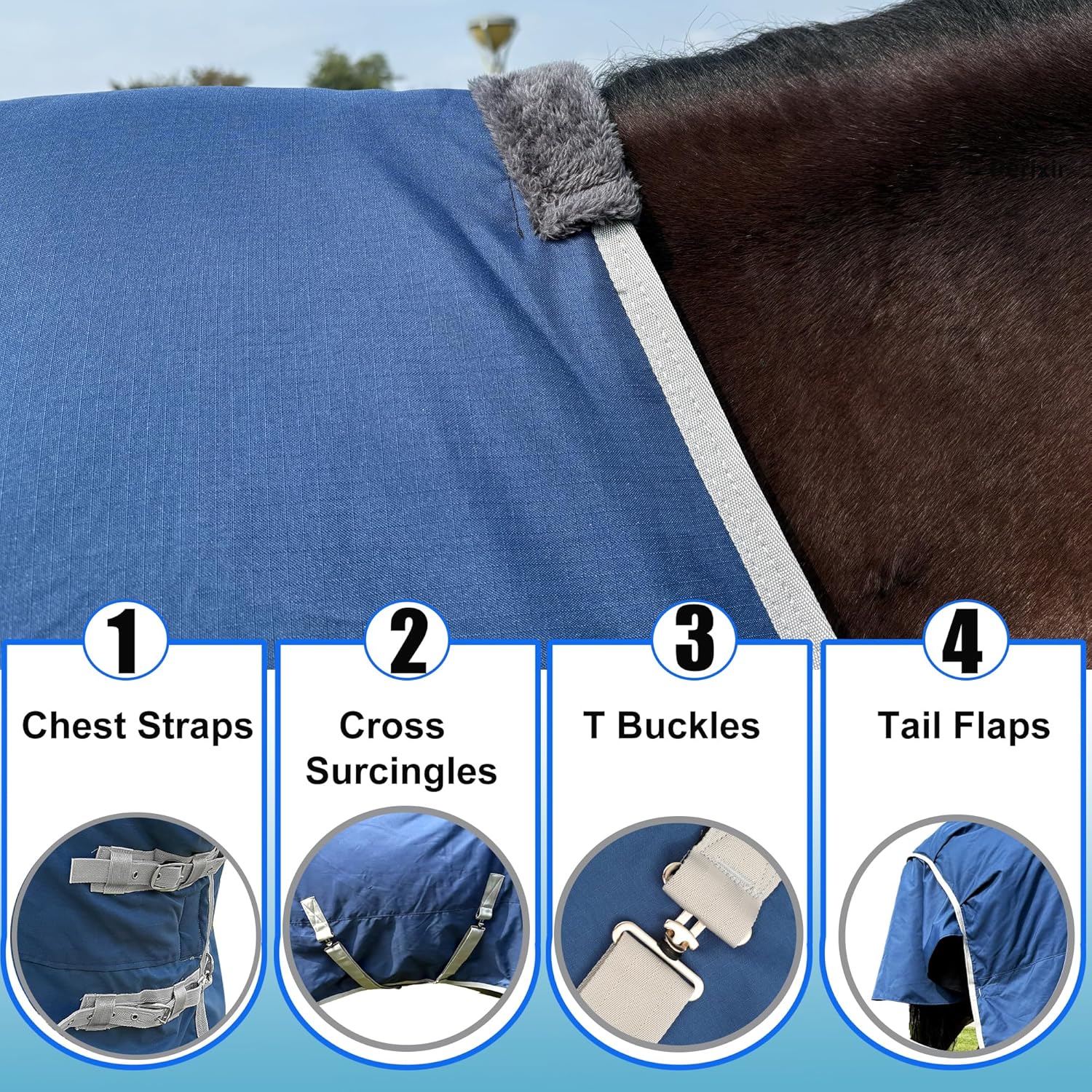 Horse Turnout Blanket, Medium Weight Winter Blanket for Horses, 220g Filling,1200 Denier Waterproof &Breathable/Detachable Neck Cover (Navy Blue, US78IN(EU145CM))