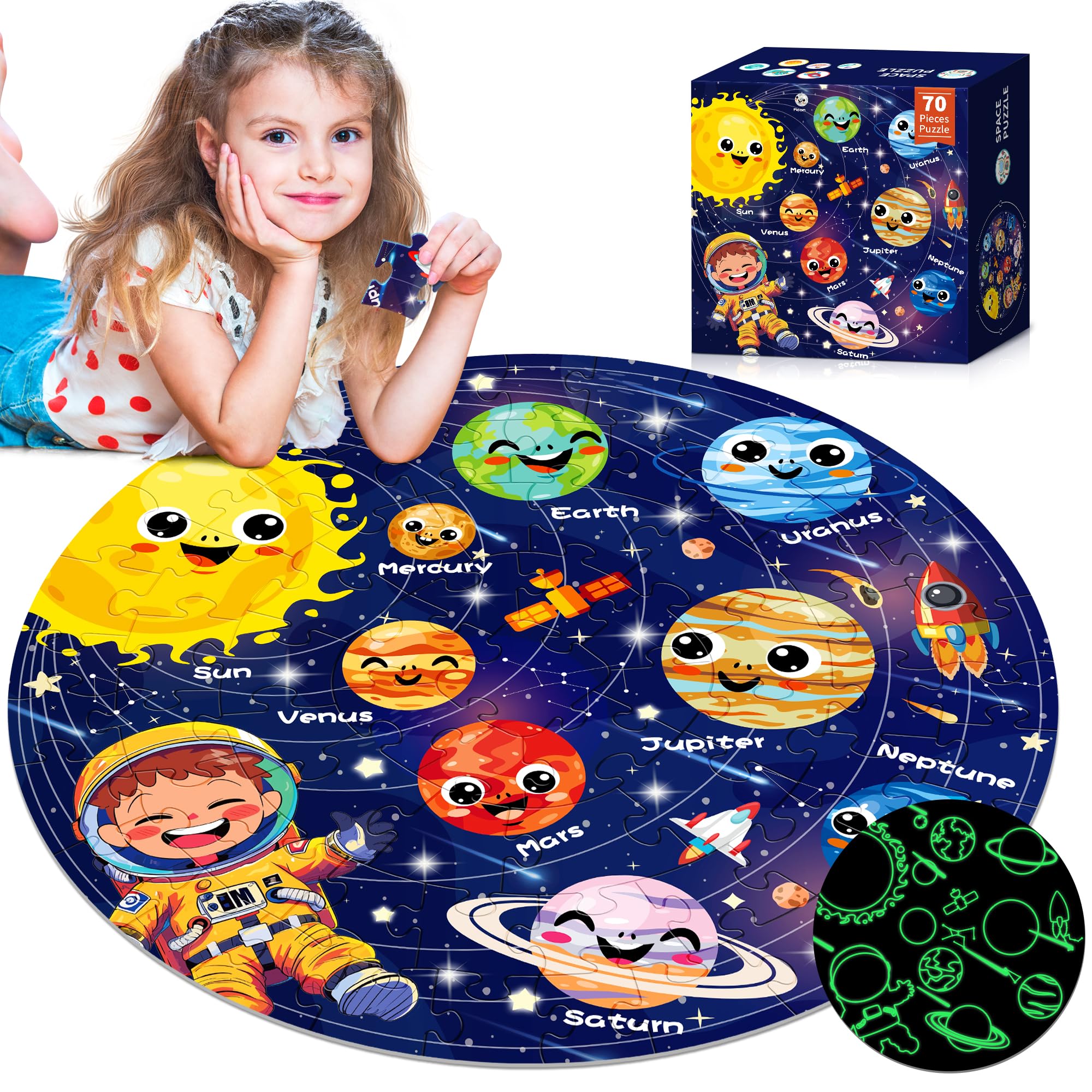 ZIZZ Puzzle for Kids Ages 4-6: Glow in The Dark Solar System Jigsaw Puzzles 70 Piece Space Planets Large Floor Puzzle for Kids 3-10 Years Old Educational Toy Gift for Boys Girls Birthday Christmas
