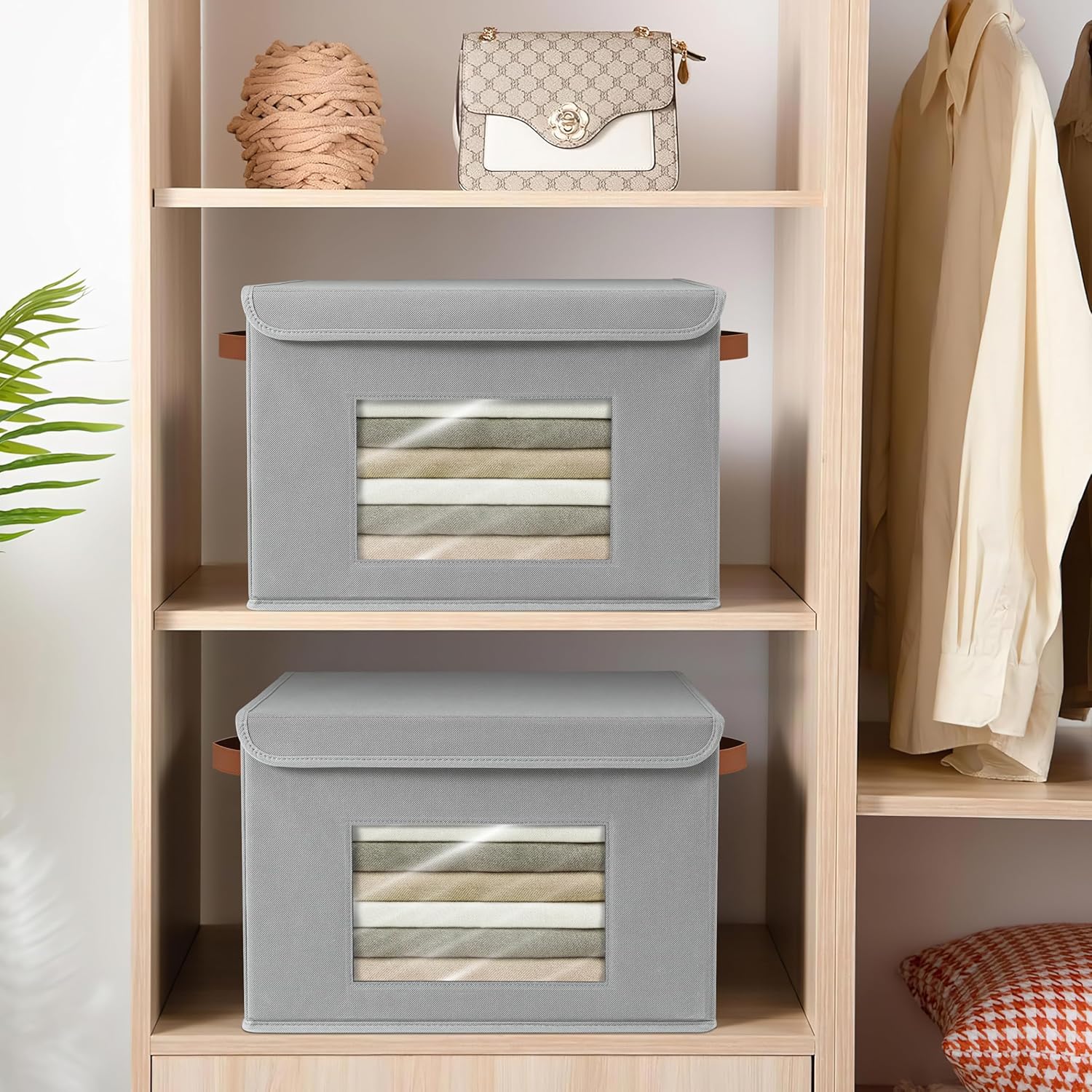 storage bins for clothes, 40l large collapsible stackable closet organizer containers, storage boxes with lids,storage cube basket, clear windows & pu leather handles, pack of 3, 17x12x12 inch light gray