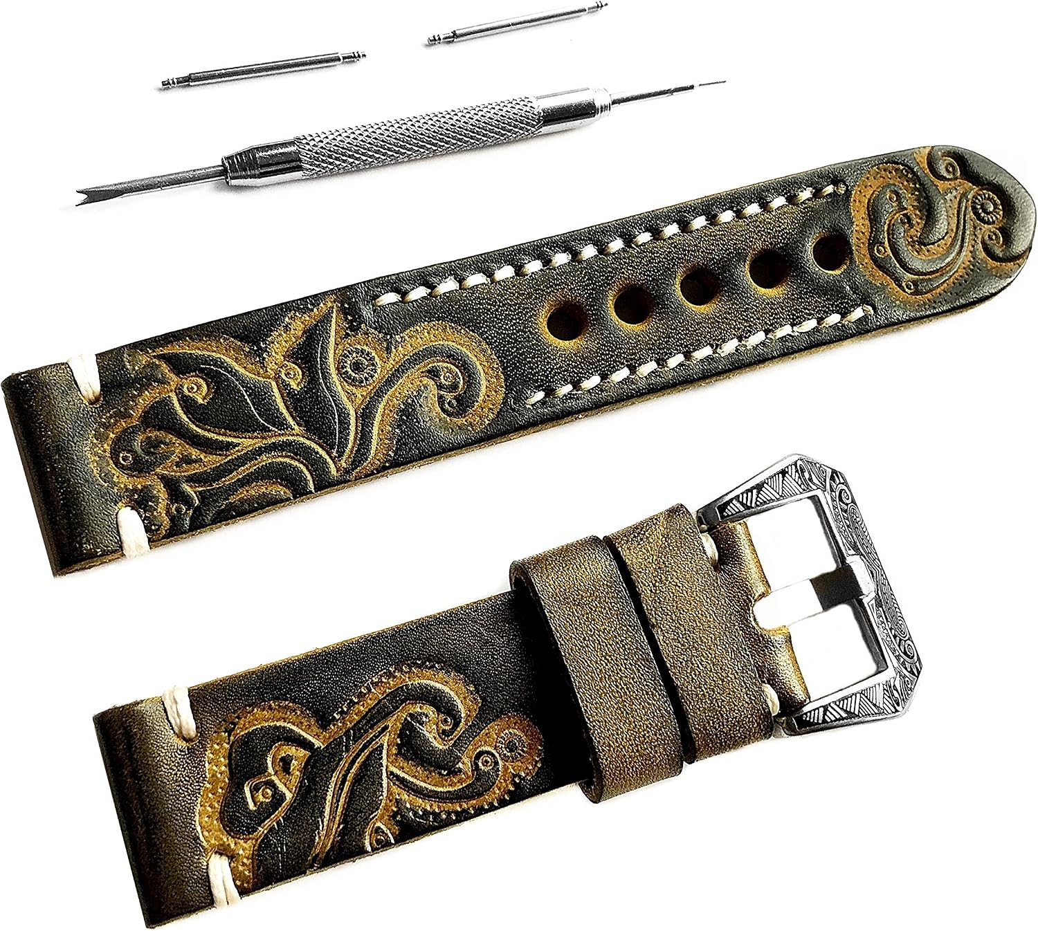Green with Yellow Embossed Leather Strap Compatible with Garmin Venu Sq, Venu Sq Music Edition and Venu Band Pins Tool B20