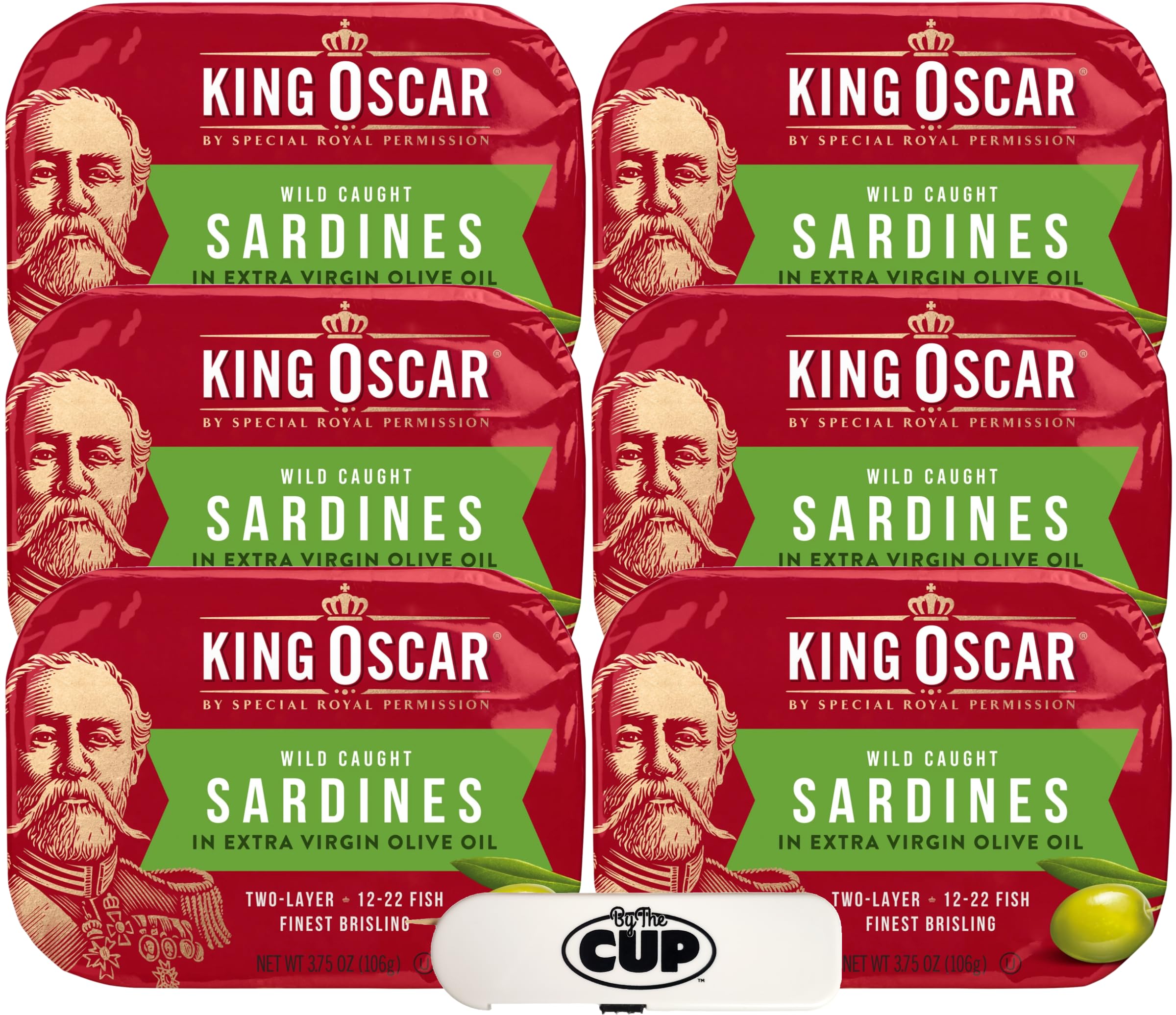 King Oscar Wild Caught Sardines 2-Layer In Extra Virgin Olive Oil, 3.75 oz (Pack of 6) with By The Cup Toothpicks
