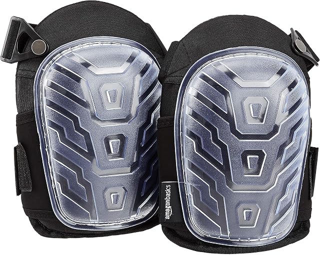 Amazon Basics Professional Knee Pads, Heavy Duty Foam Padding, Comfortable Gel Cushion, Adjustable Easy-Fix Clips, Clear, 1 Pair