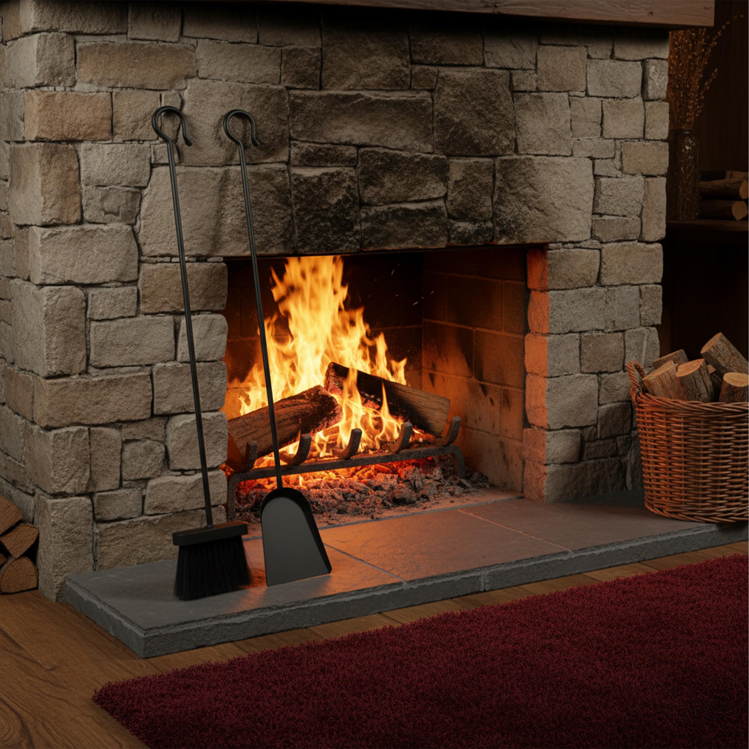 Relaxdays Set Pulizia Camino 2 Pezzi Paletta Scopa Cenere Ferro Nero
