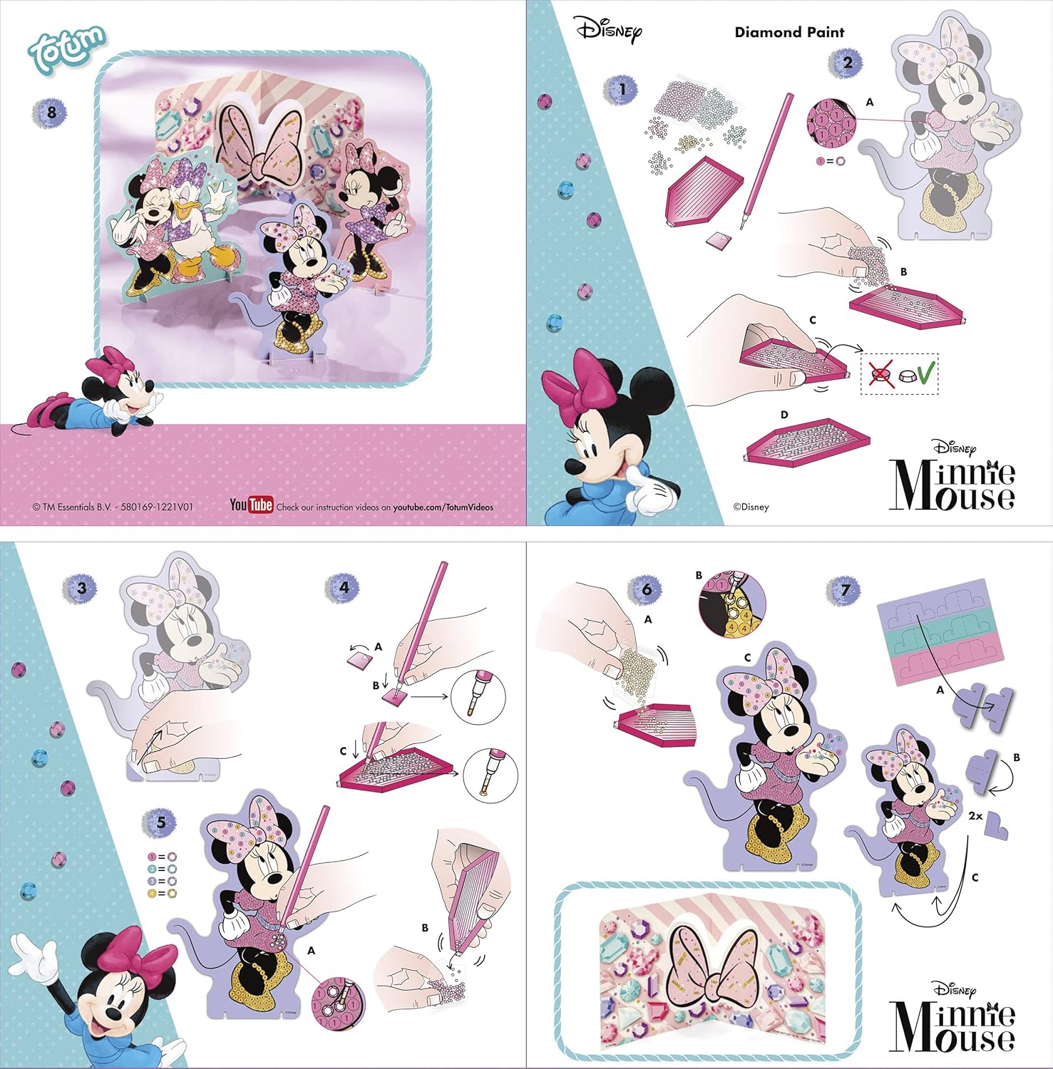 Totum Disney Minnie Mouse Diamond Painting Set for Kids: Decorate Cardboard Cards and Figures with Beautiful Rhinestones, Diamond Painting - Gift for Girls