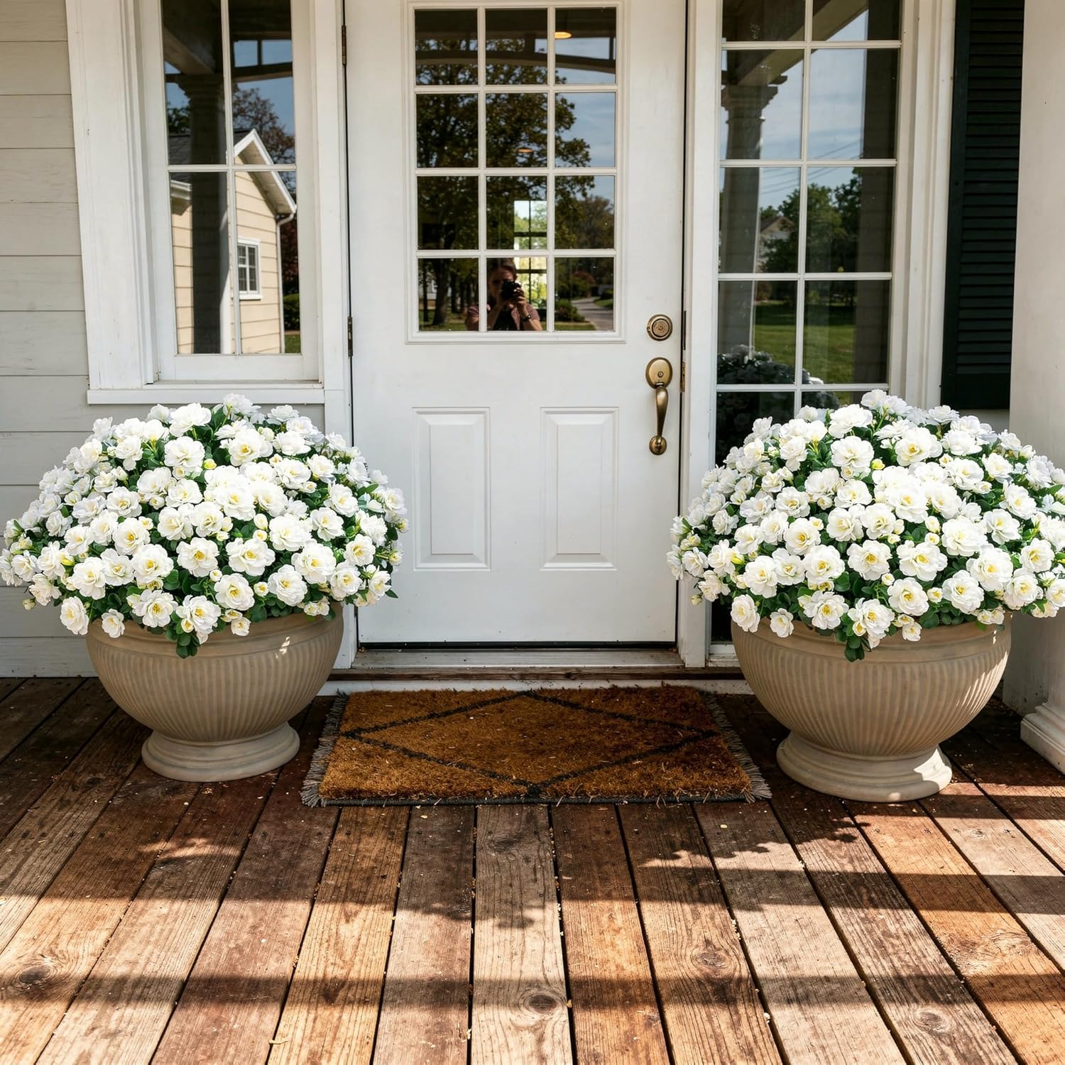 Ivydale Artificial Fake White Flowers Plants for Spring Outdoor Outside, Faux Silk Camellia UV Resistant Realistic for Front Door Porch Patio Balcony Garden Yard Decor, 3 Large Bundles - Image 2
