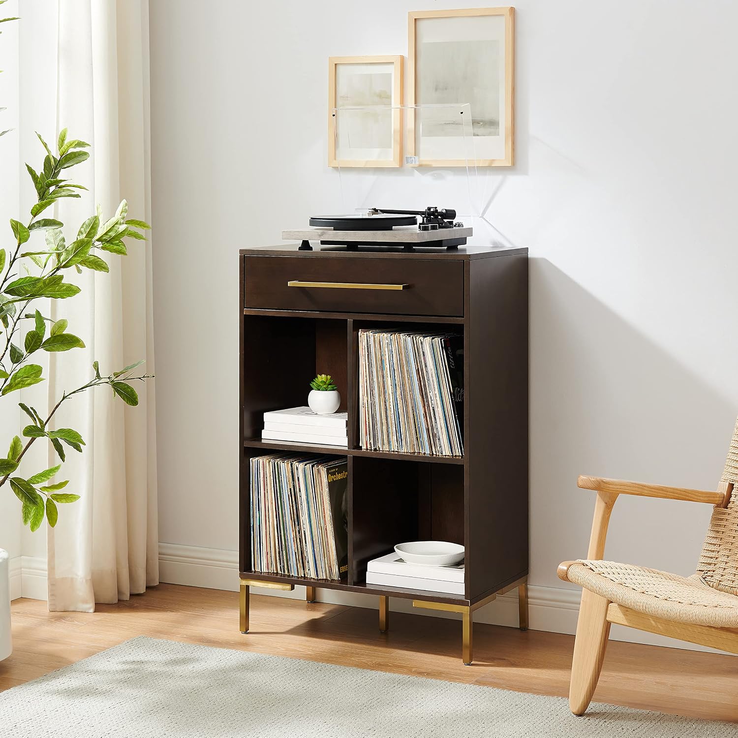 Crosley Furniture Juno Cube Bookcase and Record Player Stand with Storage for Vinyl Records, Dark Brown