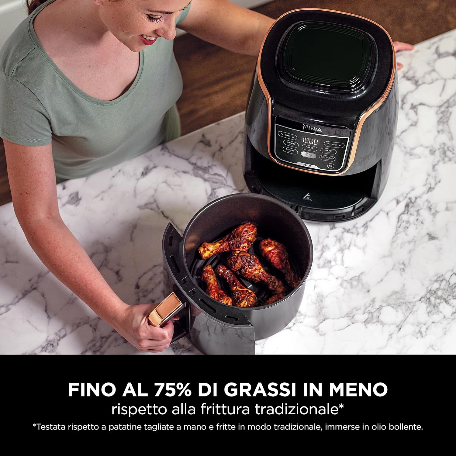 Ninja Friggitrice ad Aria MAX, 5.2L, 5 in 1, Antiaderente, Cottura Senza Olio, per Friggere, Arrostire, Cuocere al Forno, Riscaldare, Disidratare, Formato Famiglia, Rame/Nero, AF150EUCP Zona Unica 5,2L Rame/Nero - Immagine 2