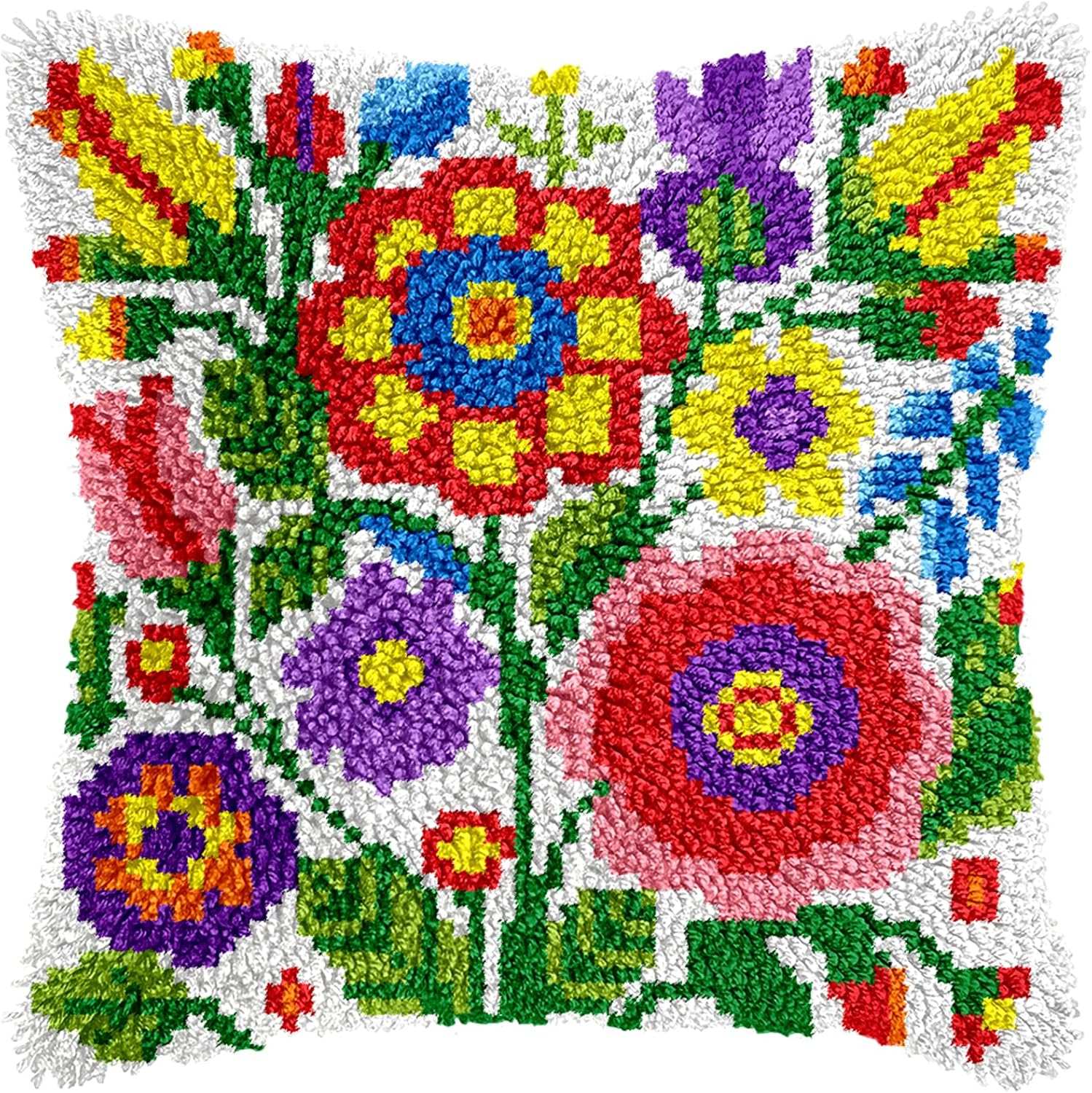 veirousa Colorful Flowers Latch Hook Kits for Adults Beginners - Latch Hook Pillow Kit Pre-Printed Mesh Latch Hook Rug Kits Craft Cushion Set for Home Sofa Decoration 17x17 in. DIY Gift for Mom