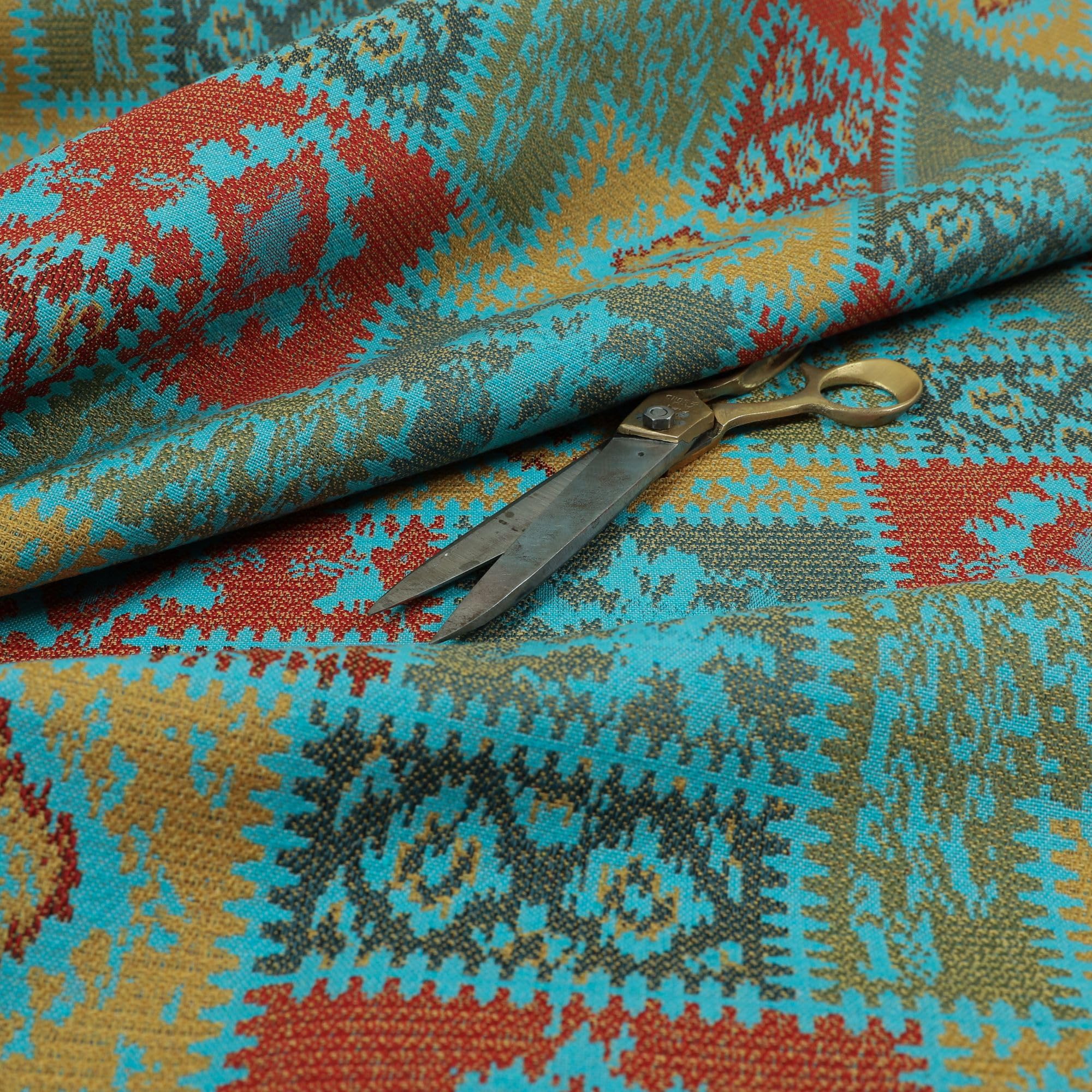 Redbrick Mill Fabrics Teal Green Kilim Patchwork Chenille Teal Blue Green Red Yellow Upholstery Furniture Fabric, 135Cm Width (Per Metre)