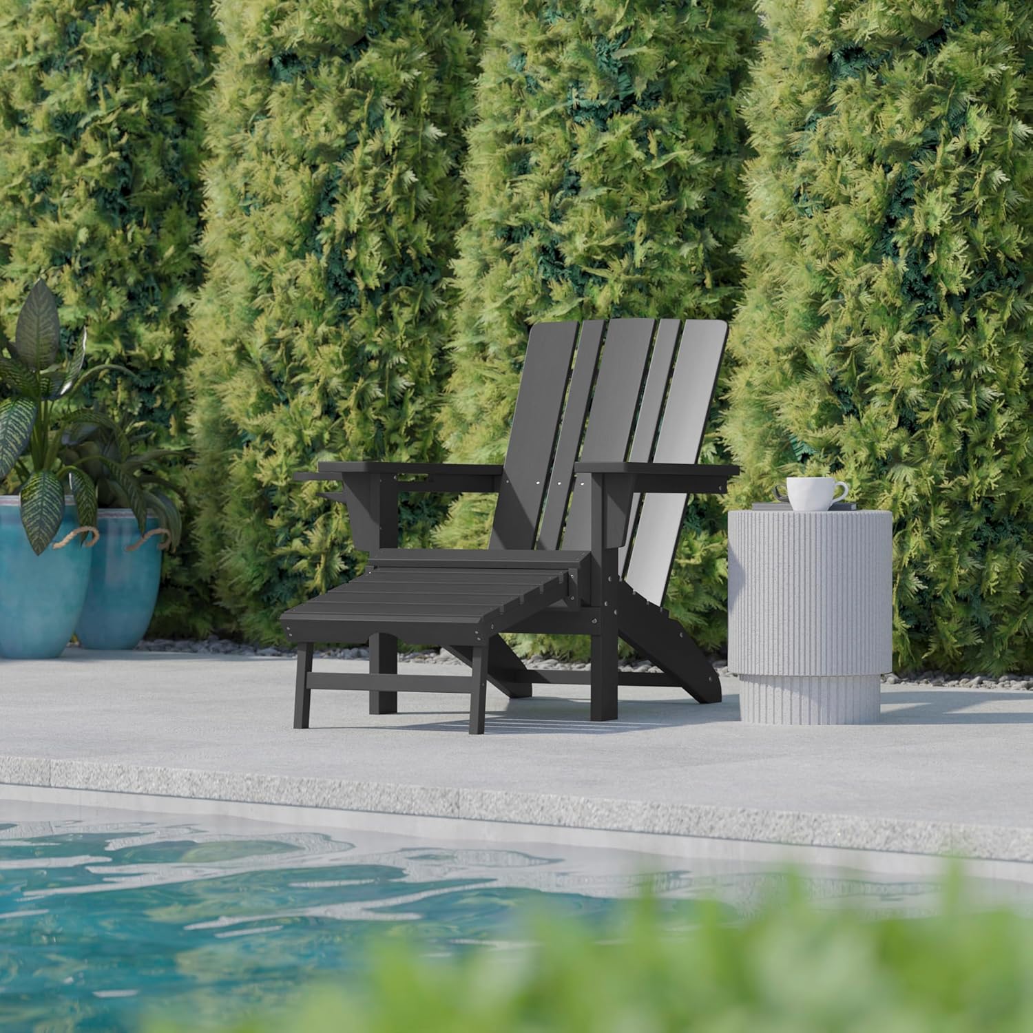 Flash Furniture Halifax Poly Resin Adirondack Chair with Cup Holder and Pull Out Ottoman, All-Weather Poly Resin Indoor/Outdoor Lounge Chair, Gray, Set of 1