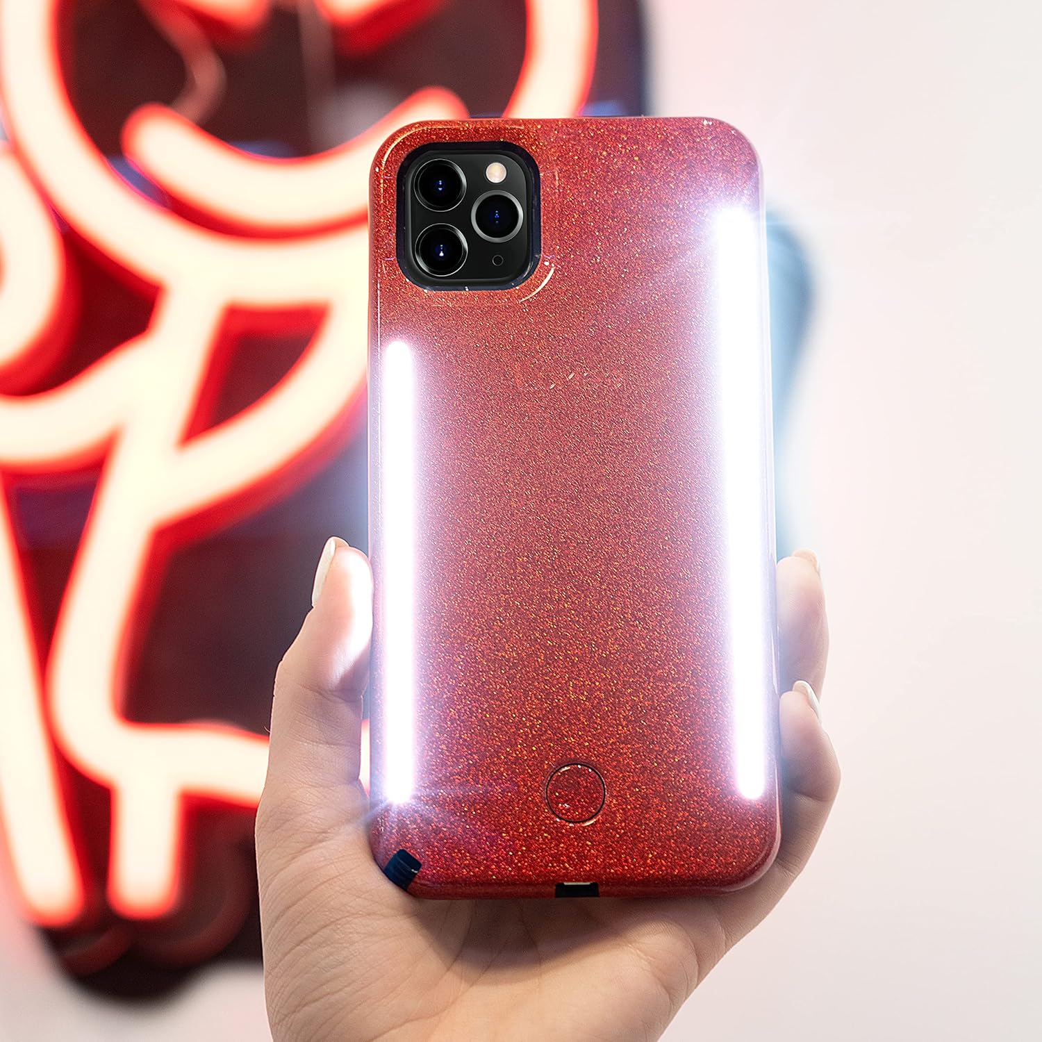 LuMee Duo by Case-Mate - Light Up Case for iPhone 11 Pro Max - Dual Light Up Selfie Case - Front & Rear Illumination - Red Glitter