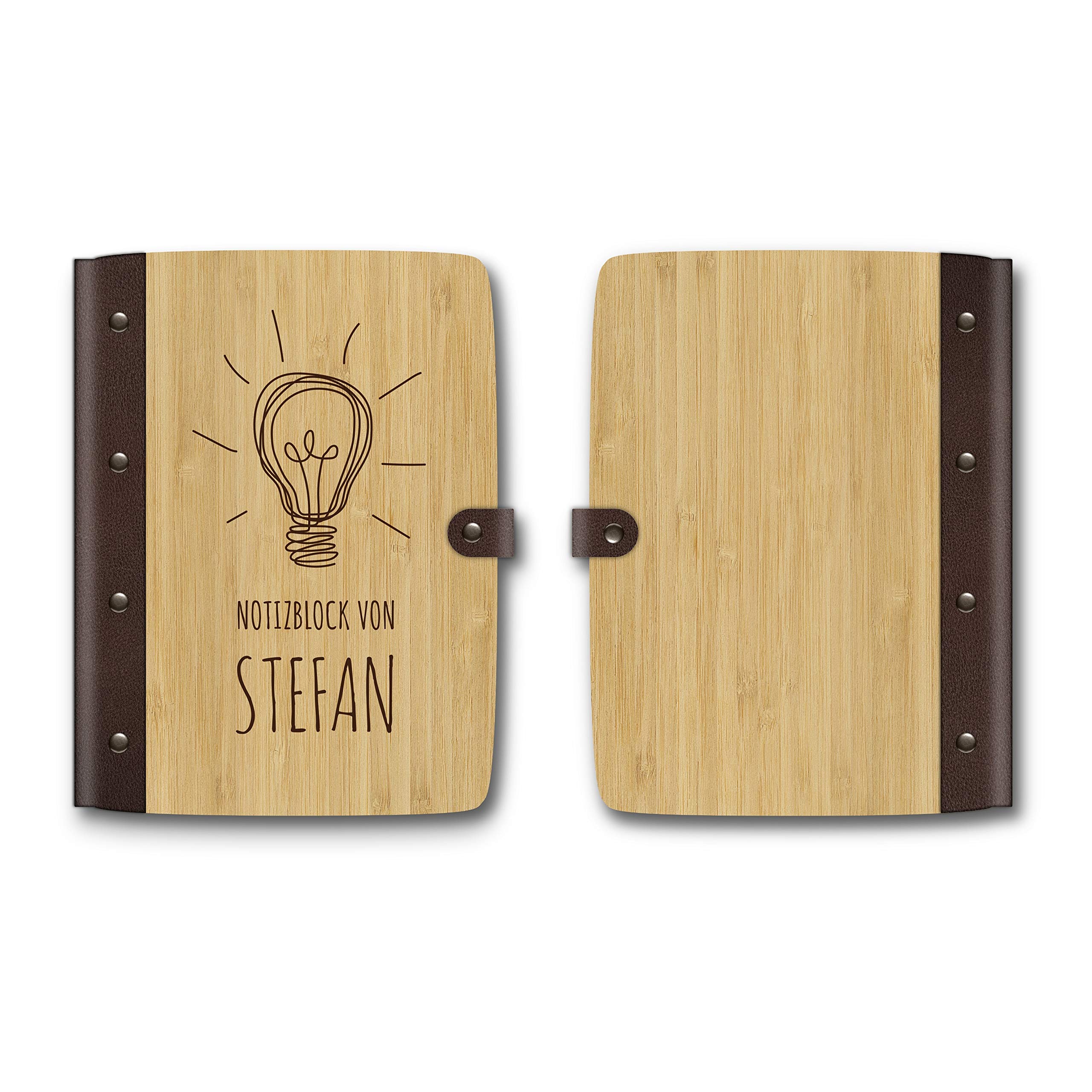 Notizbuch Holzcover individuelle Gravur mit Echtleder Rücken 72 Blatt | 144 Seiten A5 hoch 158x222mm Bambus - Glühbirne
