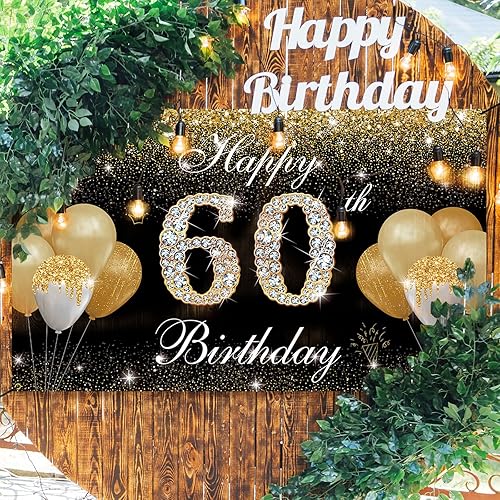Miniatura 6 de Decoraciones de feliz cumpleaños 60 para hombres y mujeres – Cartel de fondo de cumpleaños 60 negro y dorado, cartel de patio, accesorios de cabina