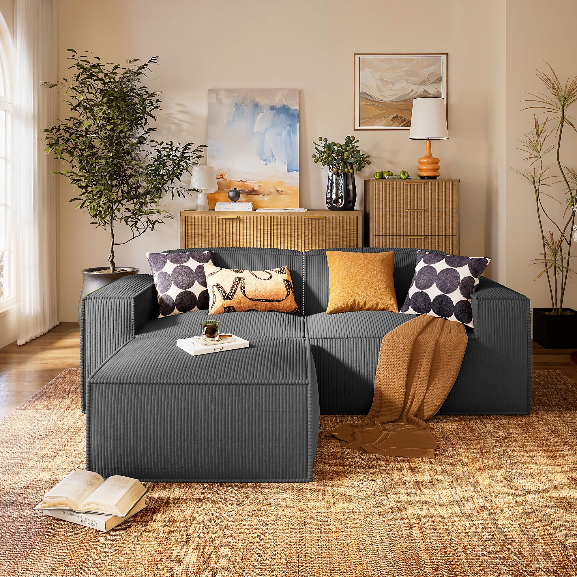 (INCOMPLETE Marsail Modular Sectional Sofa, 80" L-Shaped Modular Sectional Couch with Deep Seat, Freely Combinable Sectional Cloud Sofa for Living Room, No Assembly, Plush Corduroy Fabric, Grey