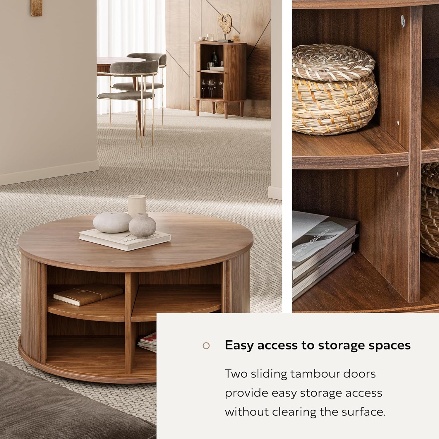 WERMO 35'' Round Coffee Table with Storage and Shelves - Round Center Table for Living Room and Office. Wood Mid Century Modern Coffee Tables for Living Room (Walnut)