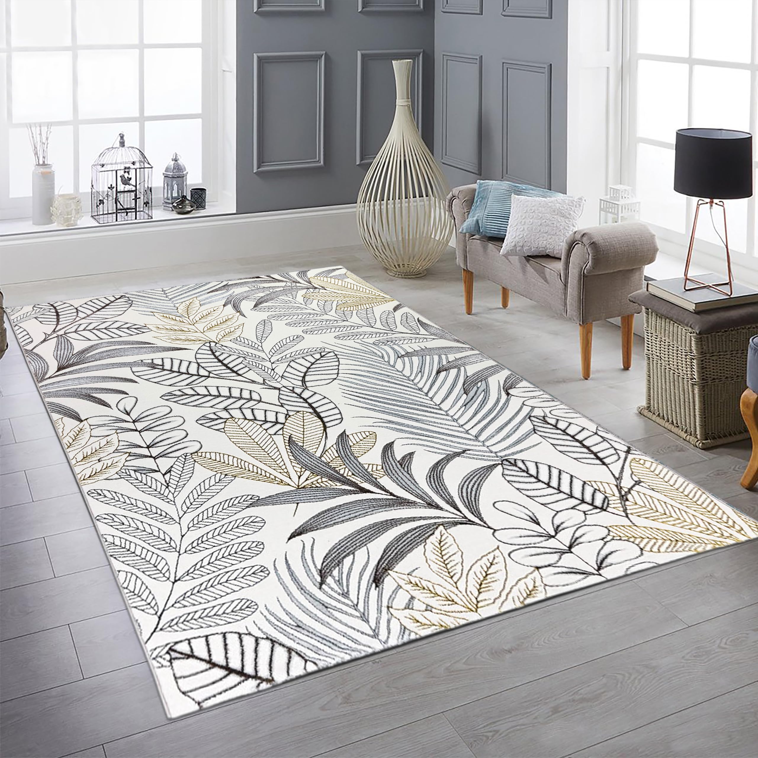 Tapis de salle à manger harmonieux motif feuilles beige doré