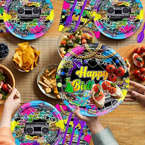 Miniatura 6 de Decoraciones de cumpleaños de los años 80, 280 piezas, globos de fondo de regreso a los años 80 y 90, platos de hip hop, servilletas, tazas,