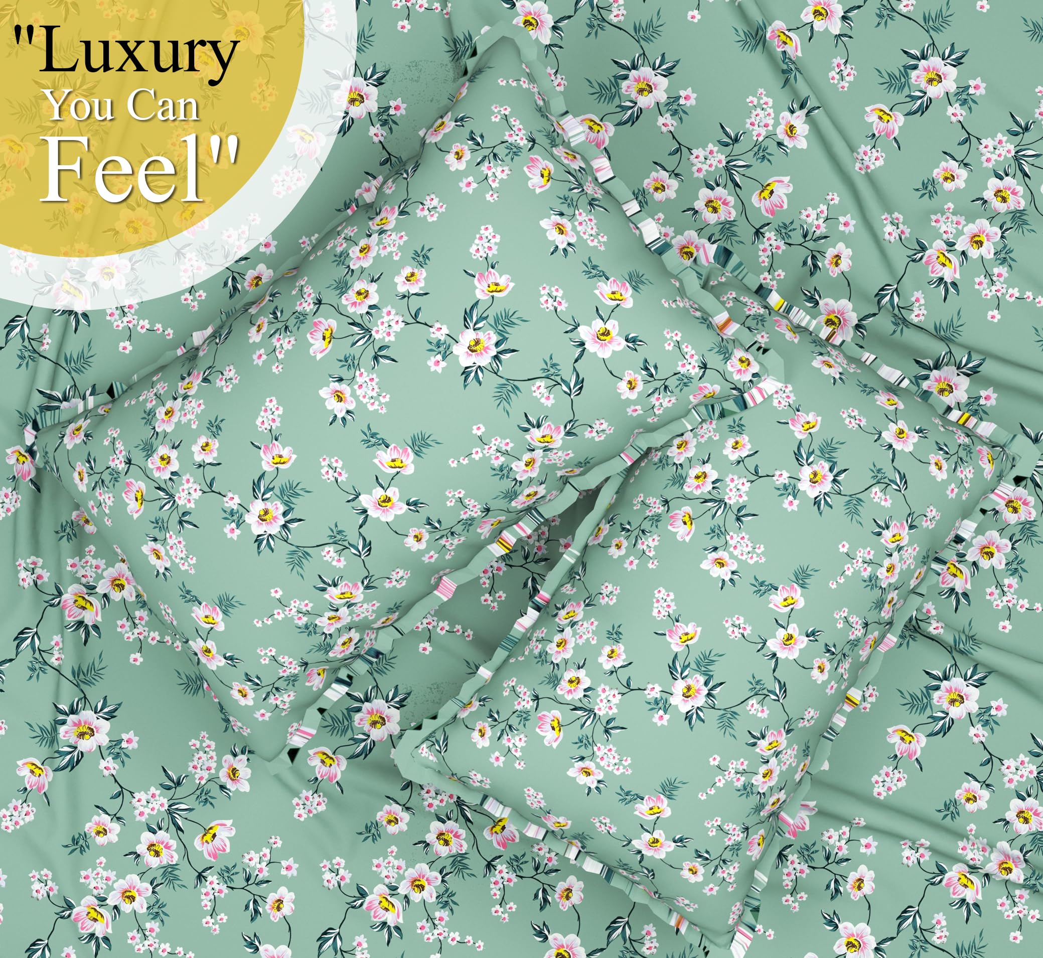 BSB HOME 100% Cotton Feel Double Bed Bedsheet Set | 144 TC Soft & Breathable | Mint Green White Flower Print with 2 Pillow Covers | Wrinkle Free | for Bedroom (90 x 90 Inches) 2