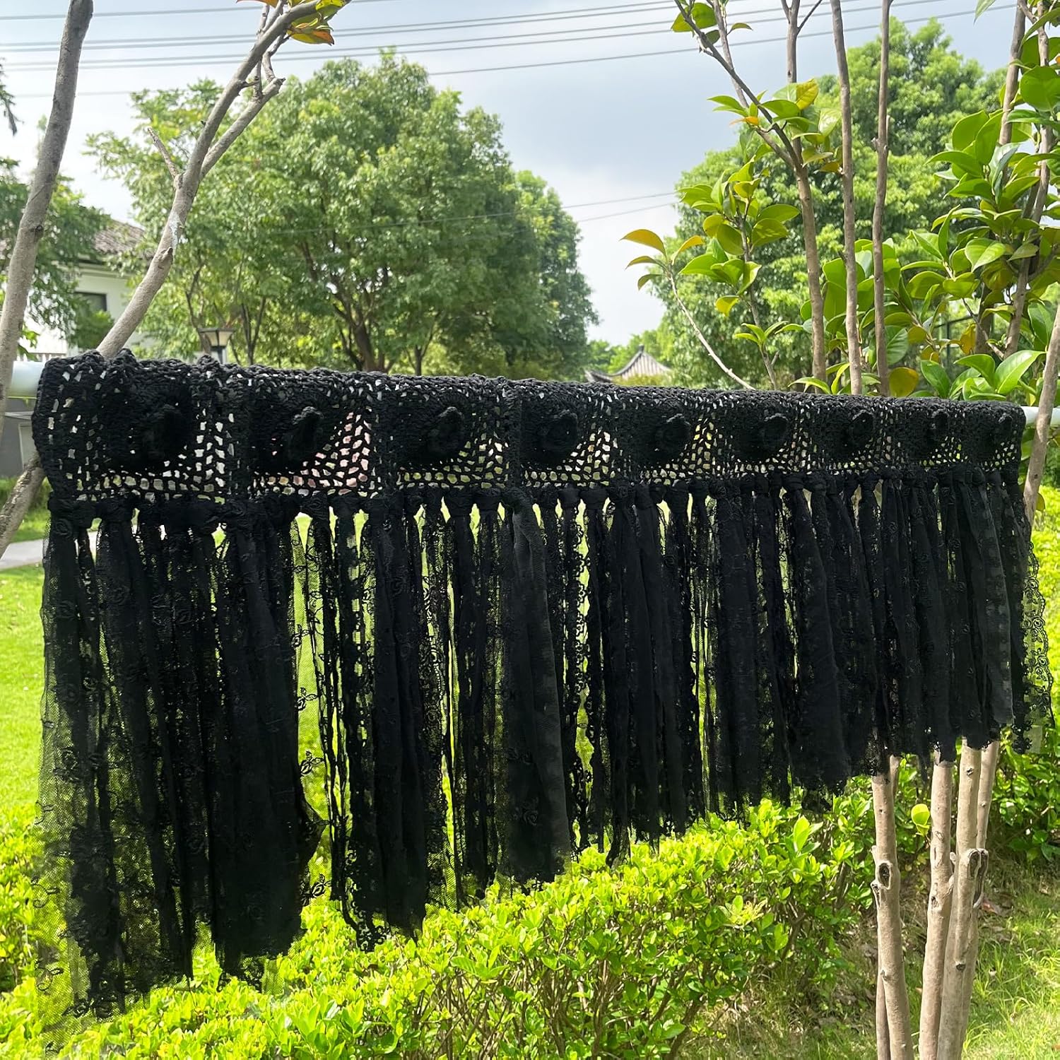 Crochet Boho Curtains With Lace Trim Ribbon Hand Made Lace Window Topper Farmhouse Kitchen Curtains 45 Inch Length,Cottagecore Bathroom Curtain Panel Ceremony Party Home Decorations Ivory/Cream