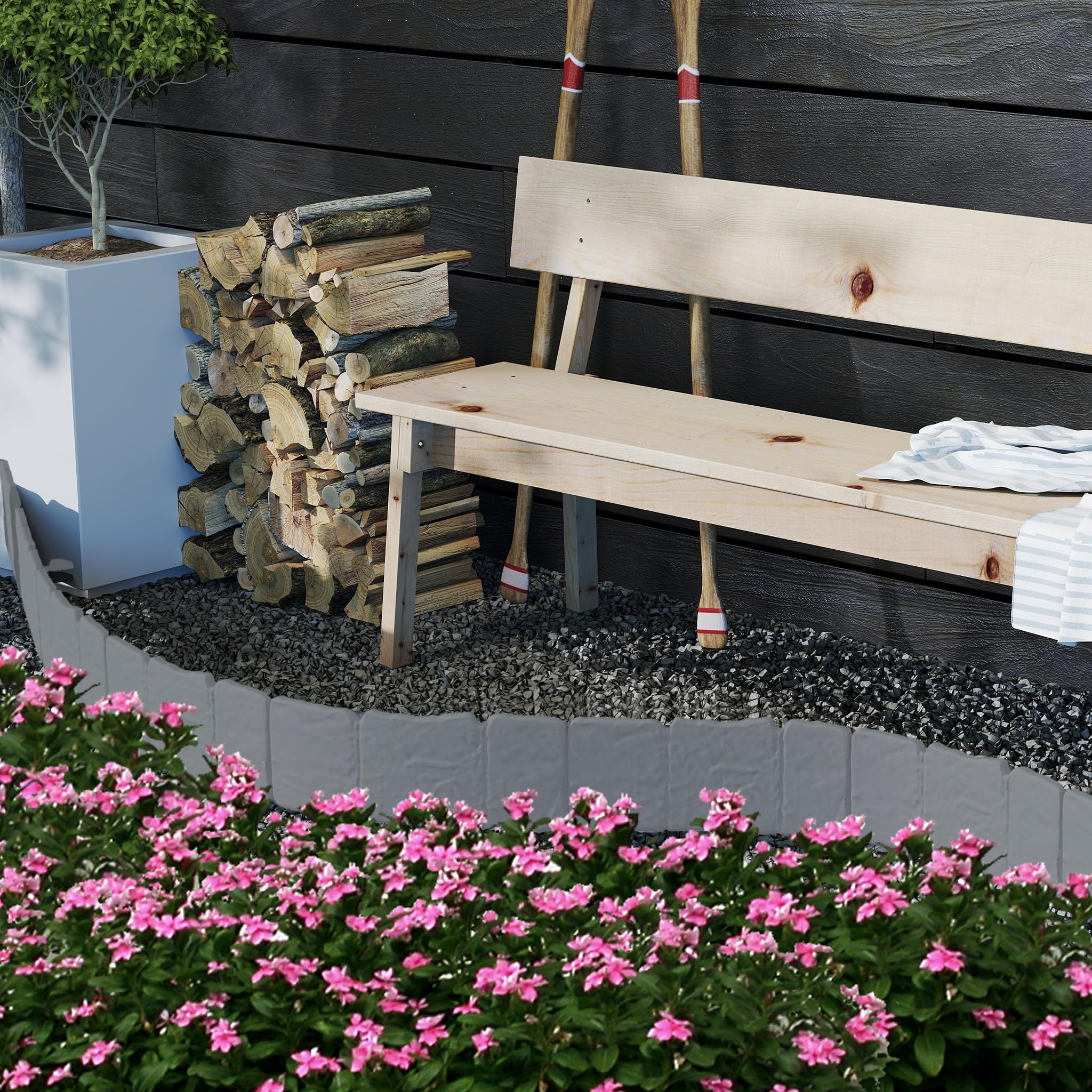 SUBTLETY Rasenkante Kunststoff 20m für Harten Steinigen Boden, Flexibel Beeteinfassung mit Bodennägeln 10cm Höhe Steinoptik Beetumrandung für Garten (Grau)
