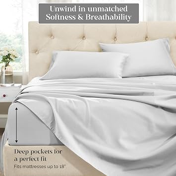 Superior Egyptian Cotton 1500 Thread Count Sheet Set, Luxury Sheets, Marrow Stitch Hem Embroidery, Bed Essentials, 1 Deep Pocket Fitted Sheet, 1 Flat Sheet, 2 Pillowcases, California King, Platinum