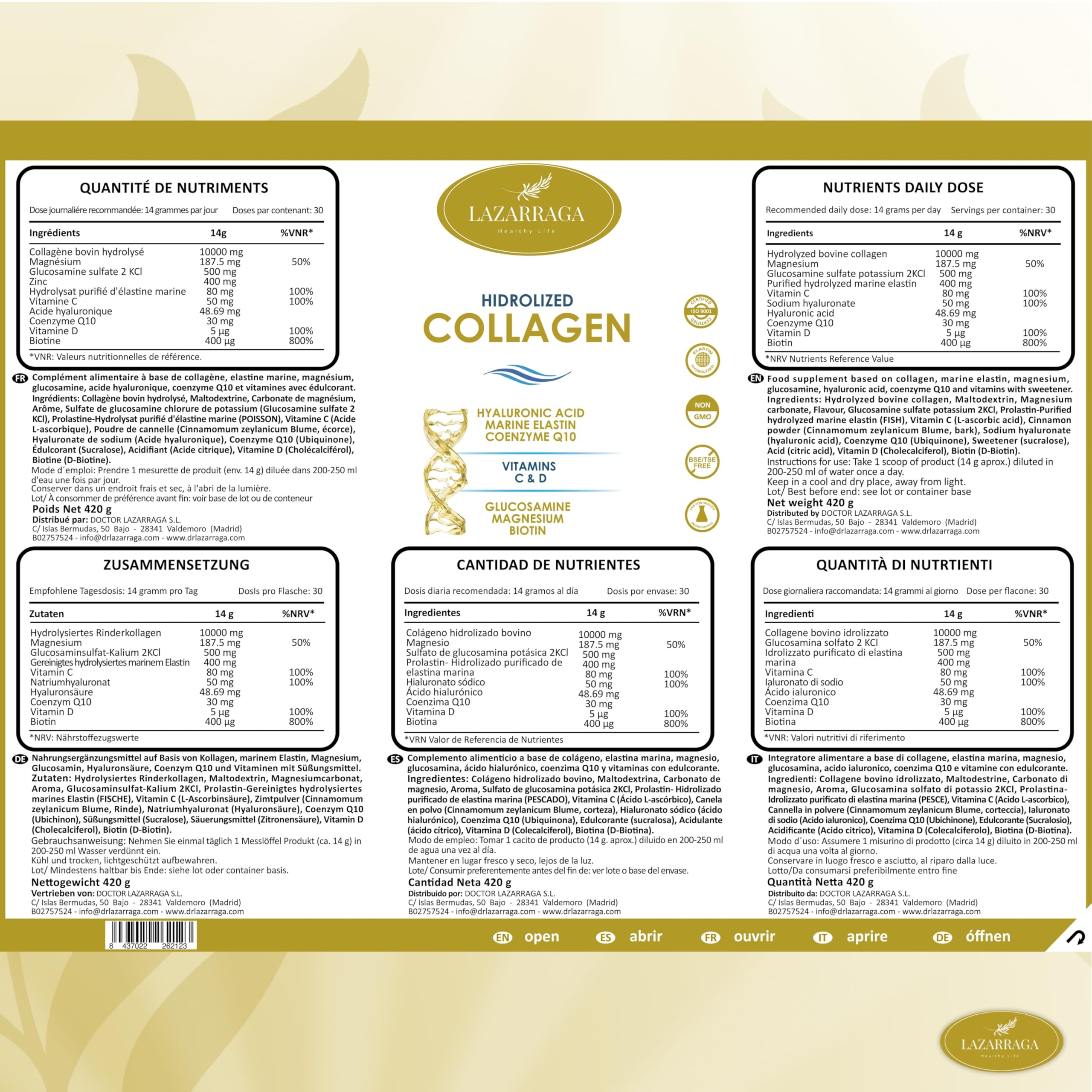 Collagene idrolizzato + peptidi di elastina marine + acido ialuronico + coenzima Q10 + glucosamina + biotina + vitamina C e D e magnesio, per articolazioni forti e cartilagine, pelle liscia ed energia