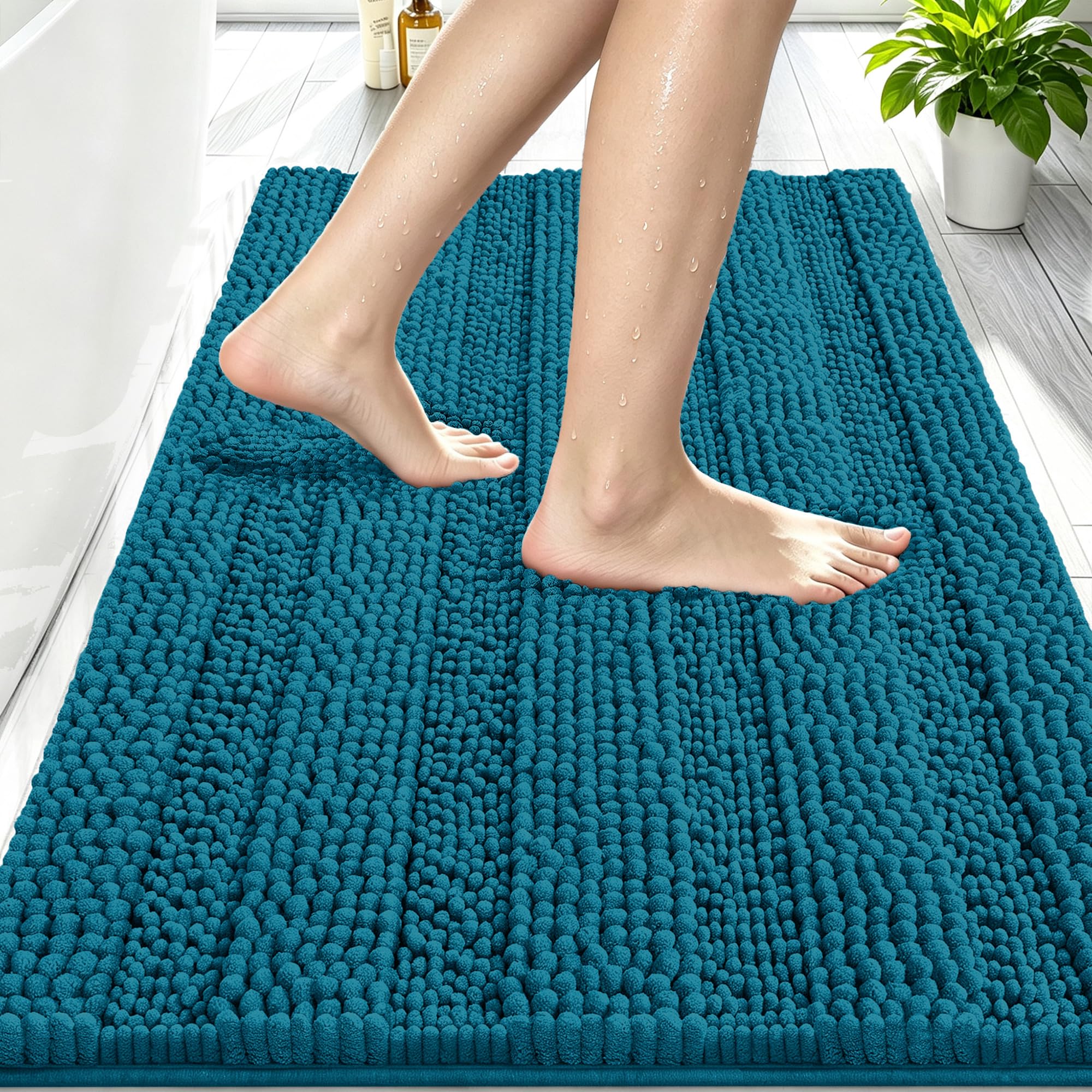 Smiry Thick Chenille Bathroom Rugs 30x20, Absorbent Bath Mat, Peacock Blue