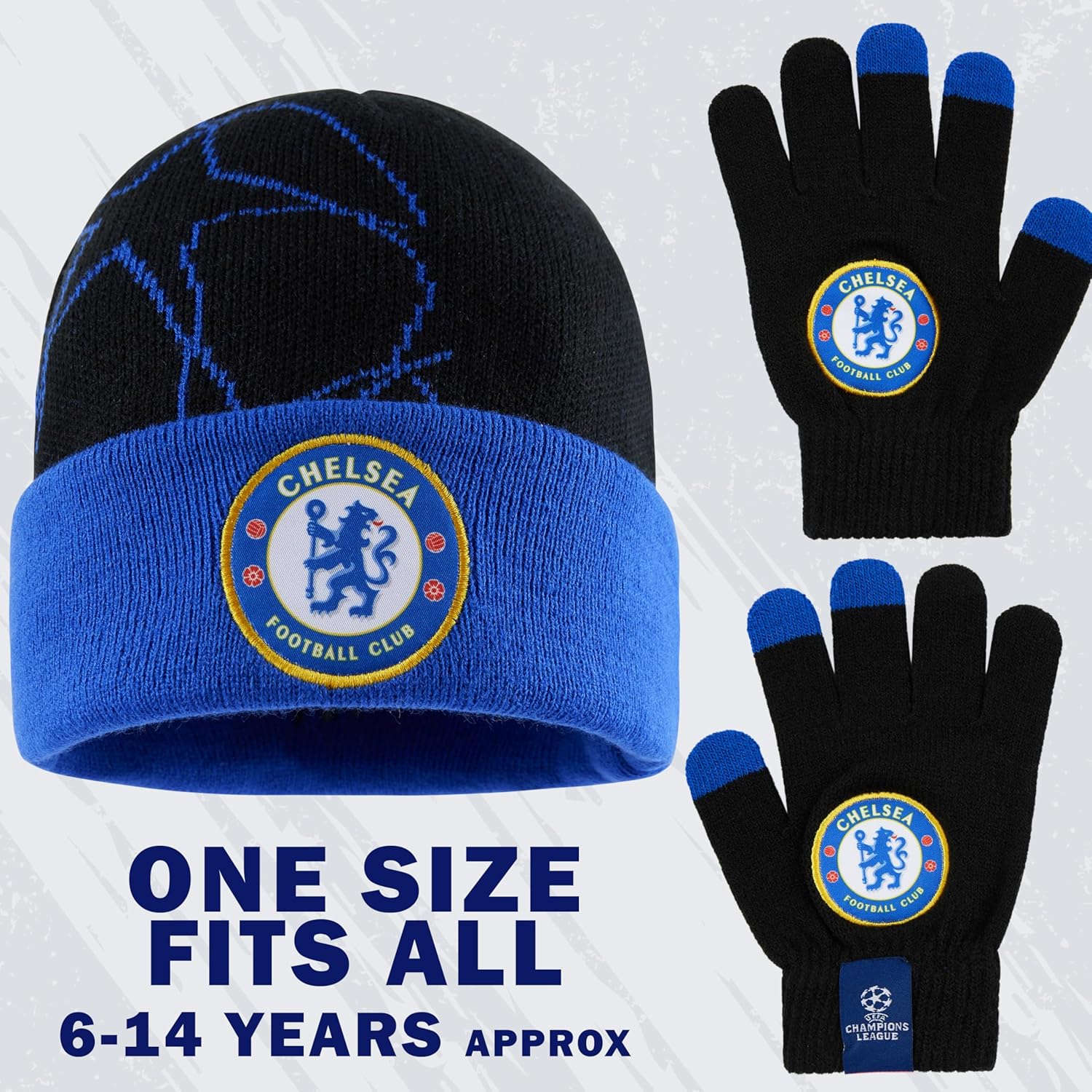 Chelsea FC Beanie and Gloves Set Gifts for Boys, Kids Knit Hat & Winter Gloves for Soccer Fans Ages 6-14 Warm Accessories