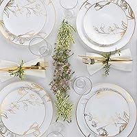 Vista 24 de Plasticpro - Platos de fiesta con diseño floral de plástico blanco con borde dorado, platos desechables pesados, elegantes y de alta calidad