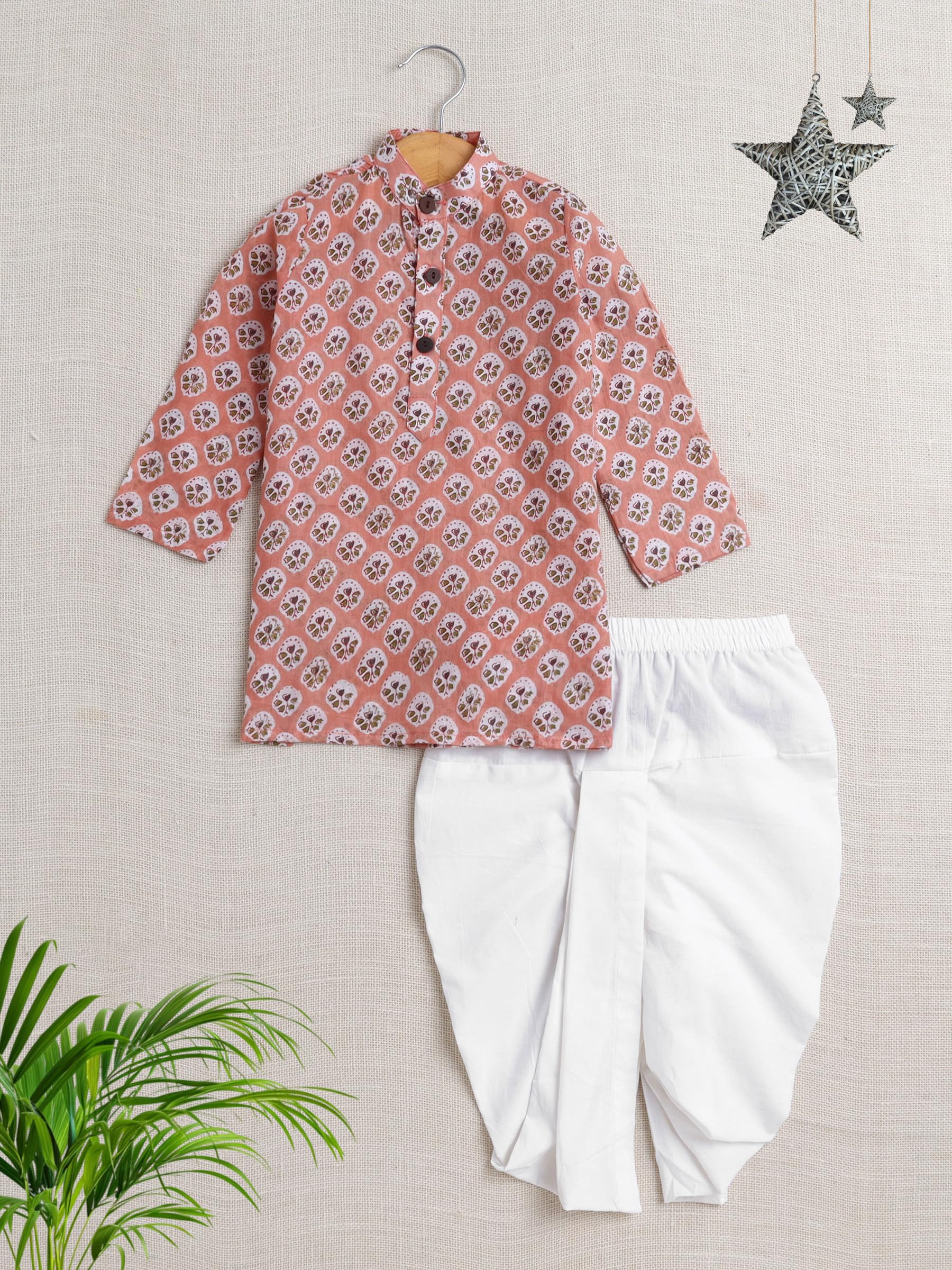 The Magic Wand Ethnic Wear Cotton Baby Boys Dhoti Kurta Set Printed Traditional Dress for Kids, Full Sleeves Mandarin Collar Ideal for All Festivals