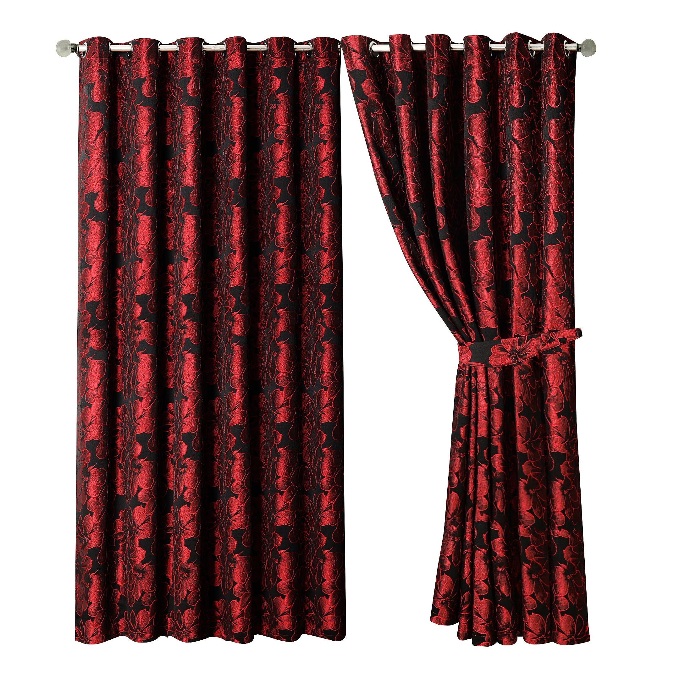 OpulentDreams Jacquard Curtains - Heavy Ring Top Window Curtains for Bedroom & Living Room - Fully Lined - Includes Two Tie Backs - Pair of Panels (Red - Eyelet, 90" x 90" (228 x 228 cm))