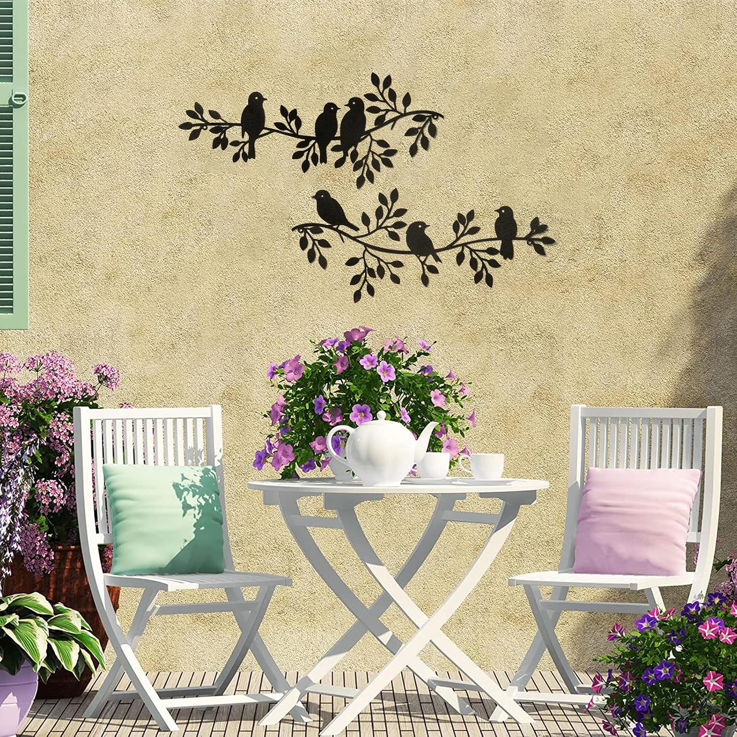 Metal Bird Wall Decor Art Leaves 6 Birds on Vine Olive Branch Iron Ornament image 4