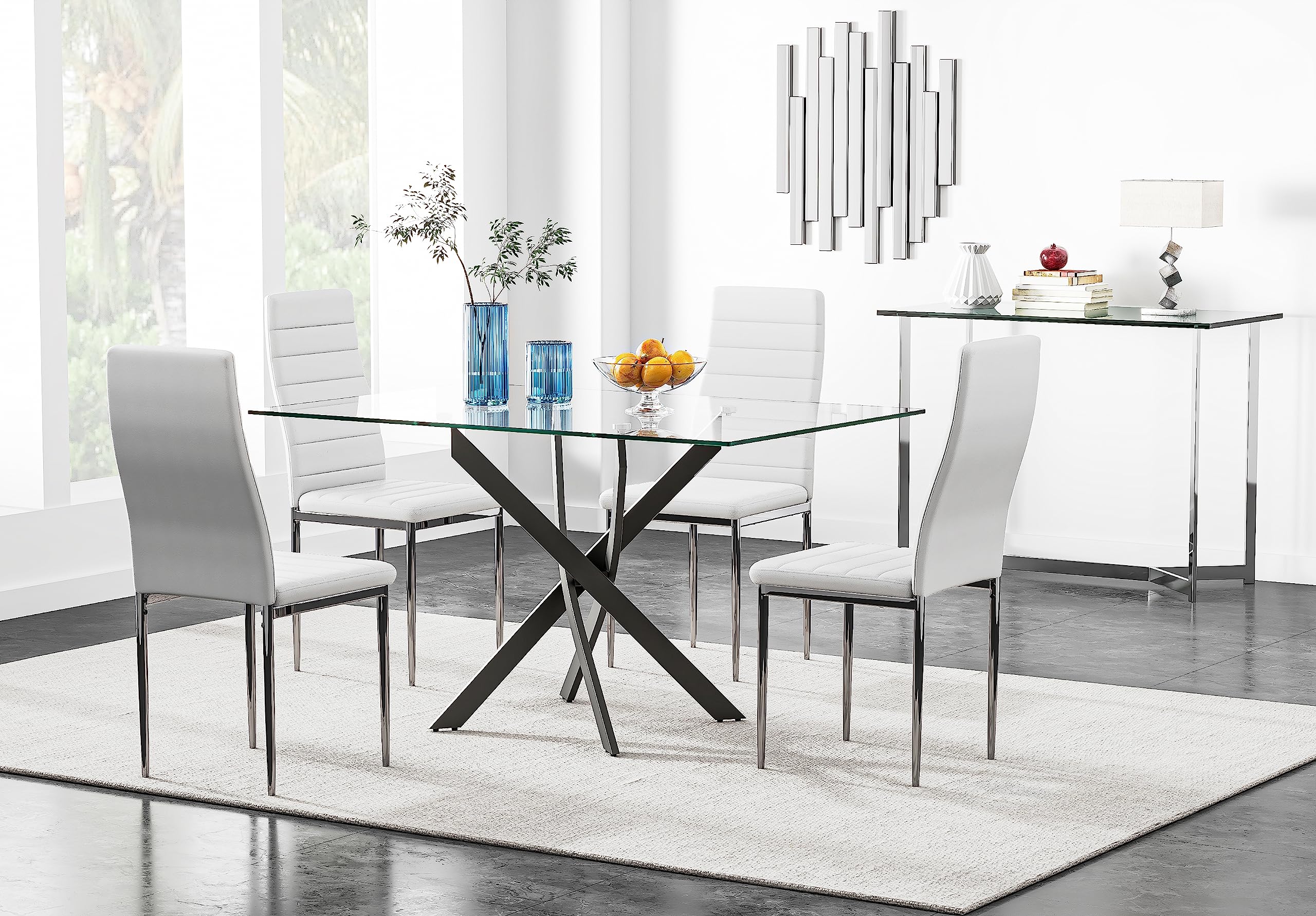 5 Piece Dining Table Table Set, Tempered Glass Dining Table Set for 4 Kitchen Table Set with 4 Upholstered High-Back Chairs for Kitchen Dining Room (Black Table with White Chair)