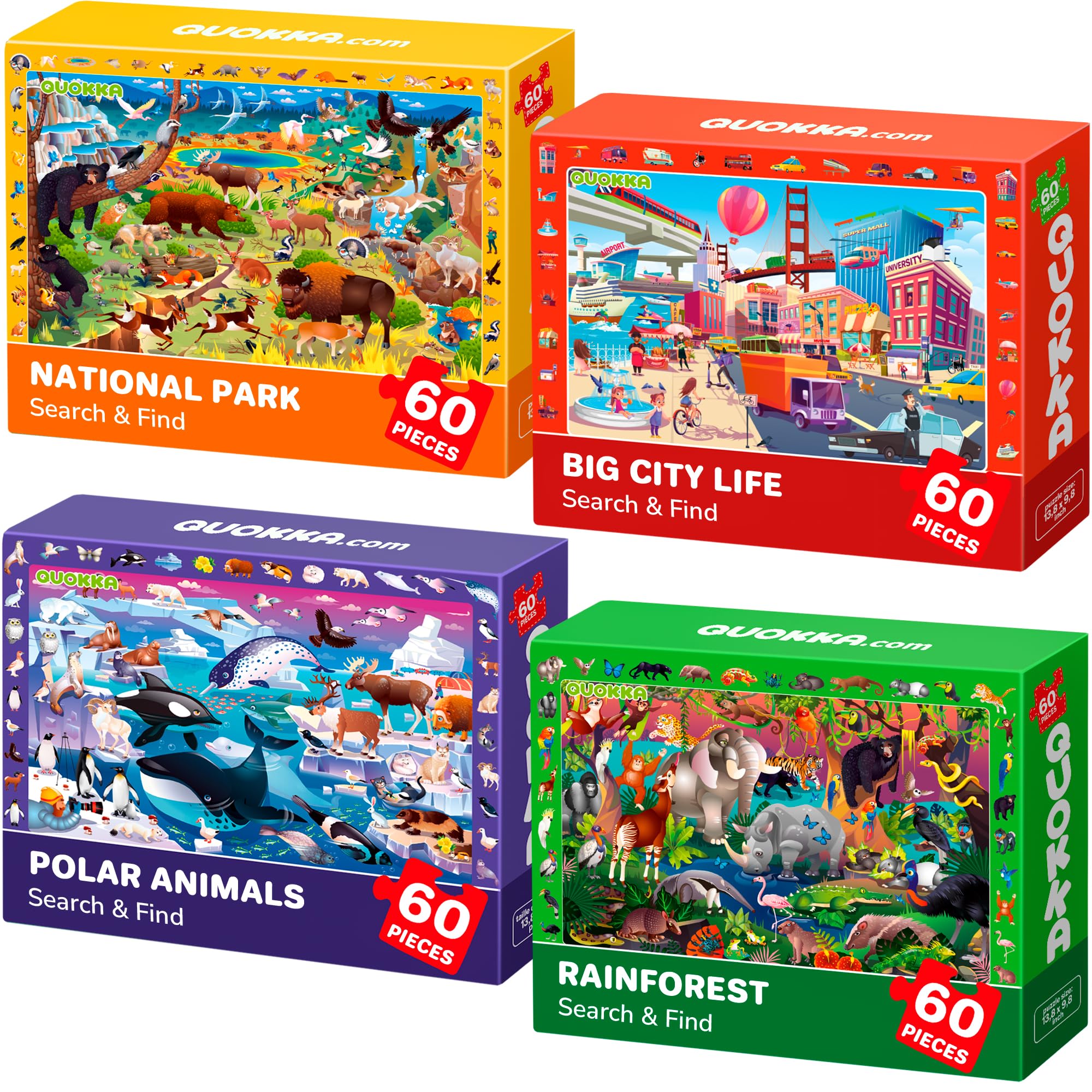 QUOKKA Puzzles for Kids Ages 4-6 - 4 x 60 Puzzles for Toddlers 5-8 - Educational Search & Find Toy for 8-10 yo for Learning Forest Polar, USA National Park Animals & City Life