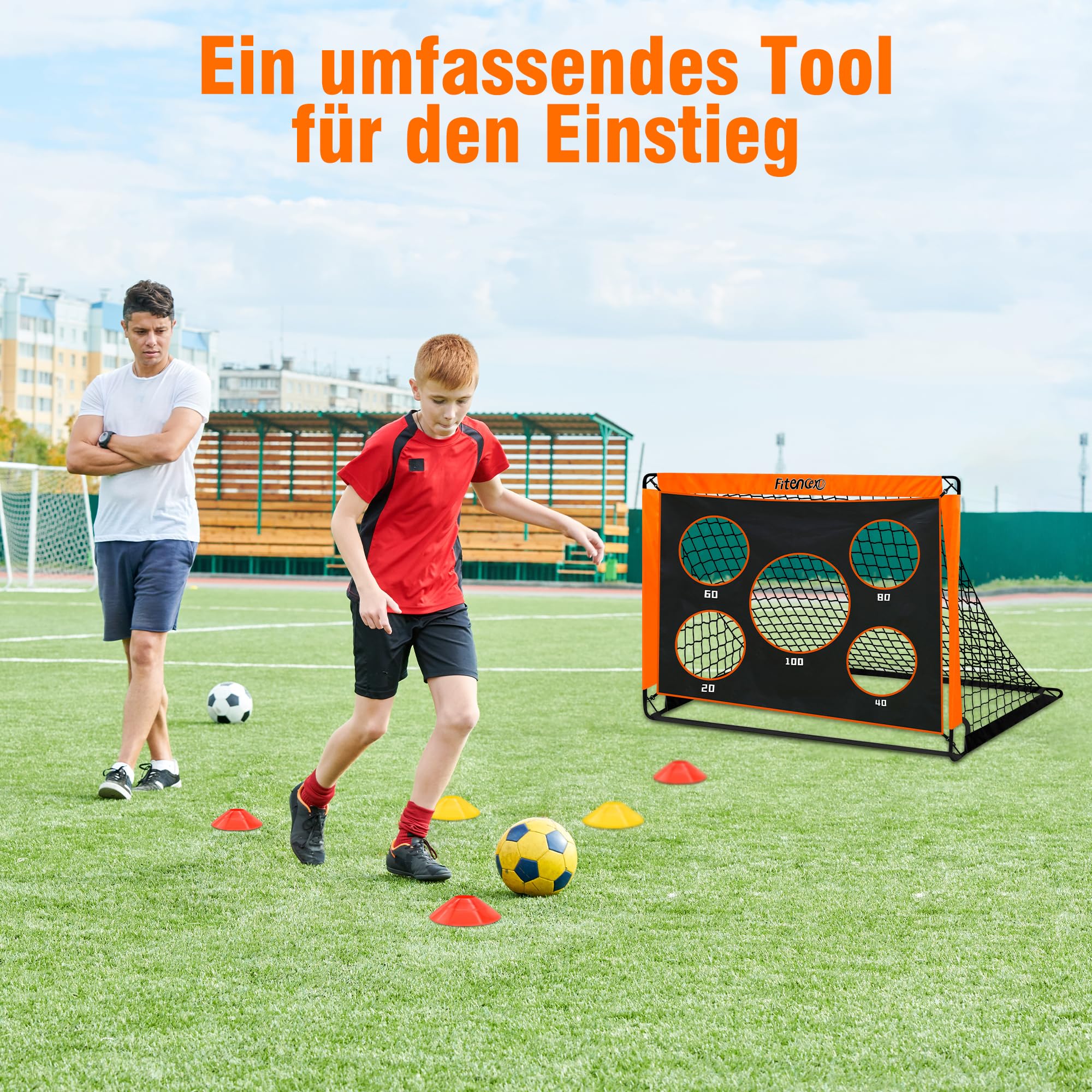Juego de portería de fútbol infantil con 5 agujeros de tiro y 3 dianas – Portería de fútbol plegable de 120 x 90 cm + 6 obstáculos de entrenamiento para jardín/exterior, incluye bolsa de