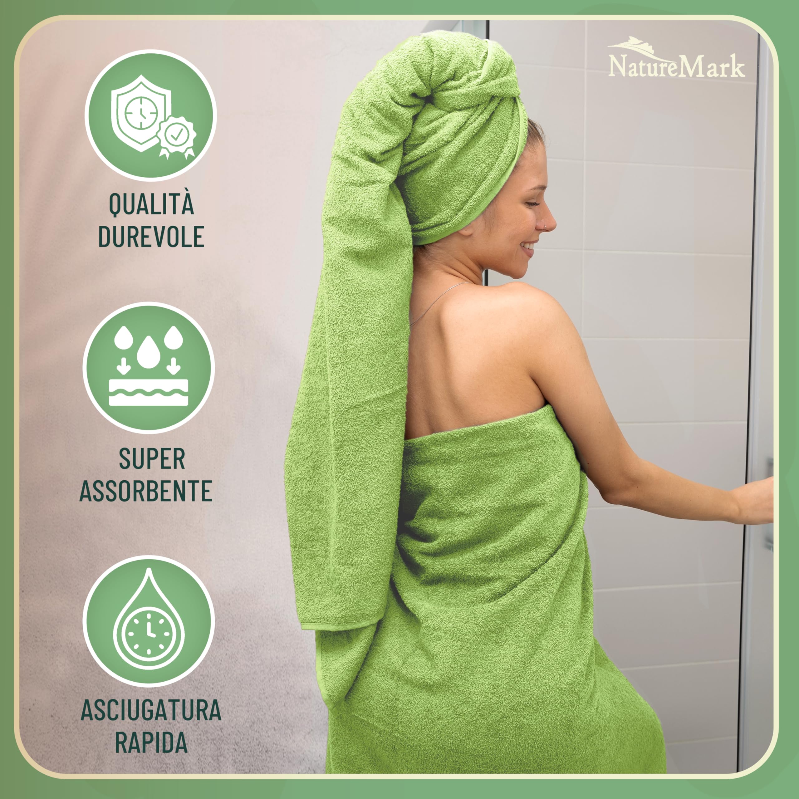 GREEN MARK Set di 10 asciugamani in 100% cotone – 4 asciugamani per mani 50×100, 2 asciugamani grandi da doccia 70×140, 2 asciugamani per ospiti 30×50, 2 guanti da bagno – Verde Mela