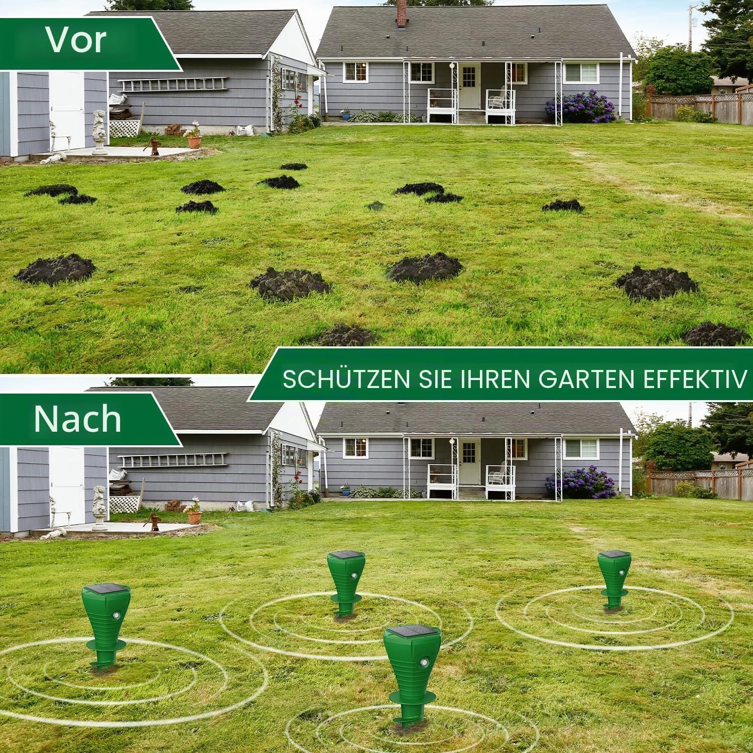 Maulwurf Vertreiber Solar mit KIWechselfrequenz, Maulwurfschreck &Wuhlmausschreck, Fluisterleise, IP65 wasserdicht, Effektive Maulwurf Abwehr Geg Maulwurfe und Wuhlmause, 4er Set