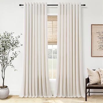 Jowels 90 Inch Cream Linen Curtains for Living Room 2 Panel Set Grommet Thick Linen Textured Drapes Neutral Modern Boho Semi Sheer 90 Inches Length Window Curtain for Bedroom Office Sliding Door
