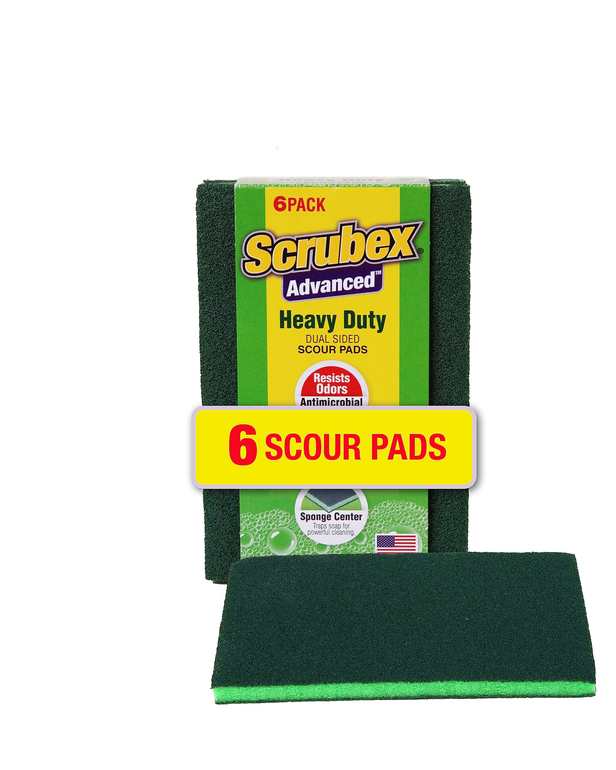 Scrubex Heavy Duty Odor Resistant Multi-Purpose Scouring Pads, 6 Count for Kitchen and Household, Dual Sided, Safe for Non-Coated Cookware