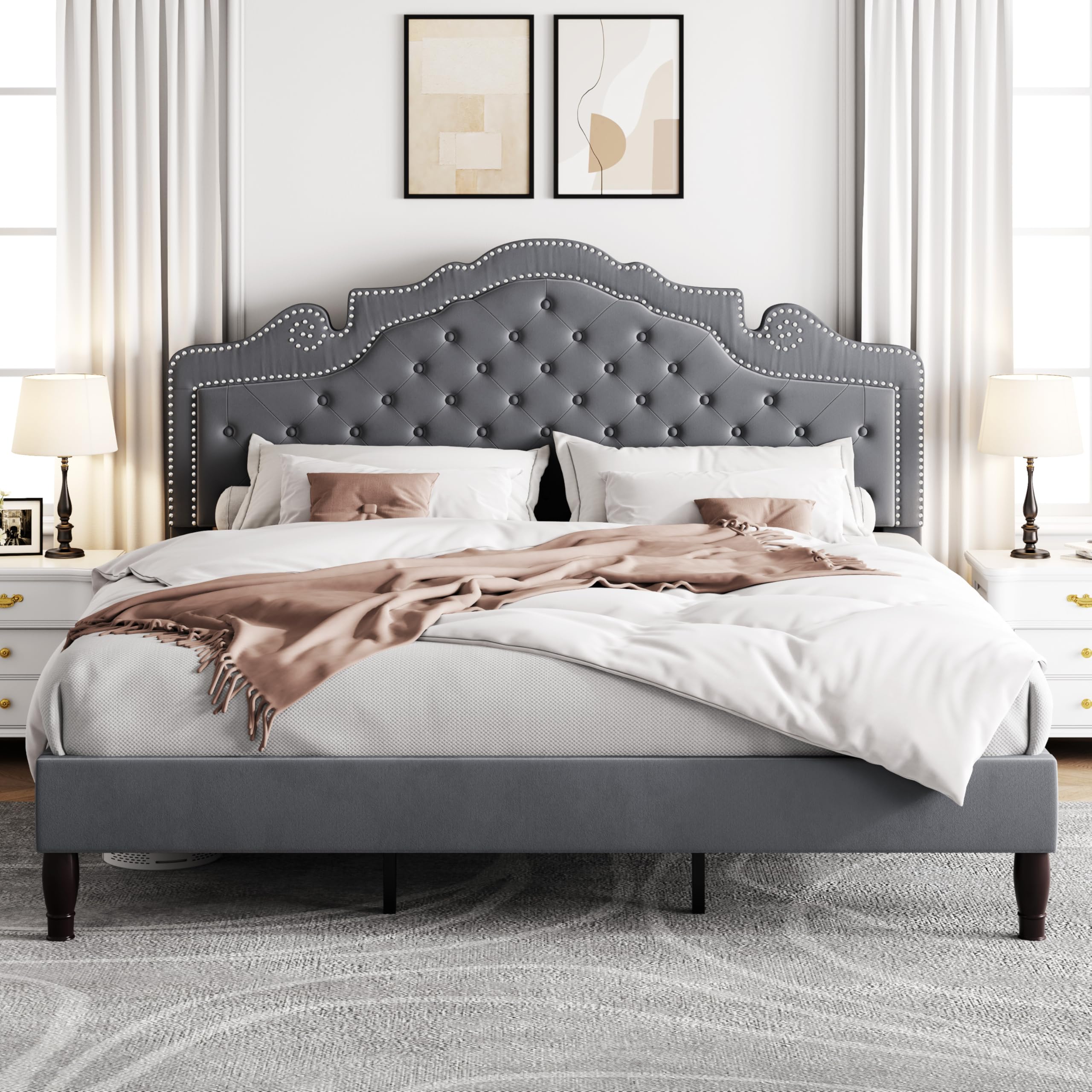 Allewie King Size Bed Frame with Adjustable Velvet Tiara Headboard Upholstered Diamond Button Tufted Platform Bed Wood Slats