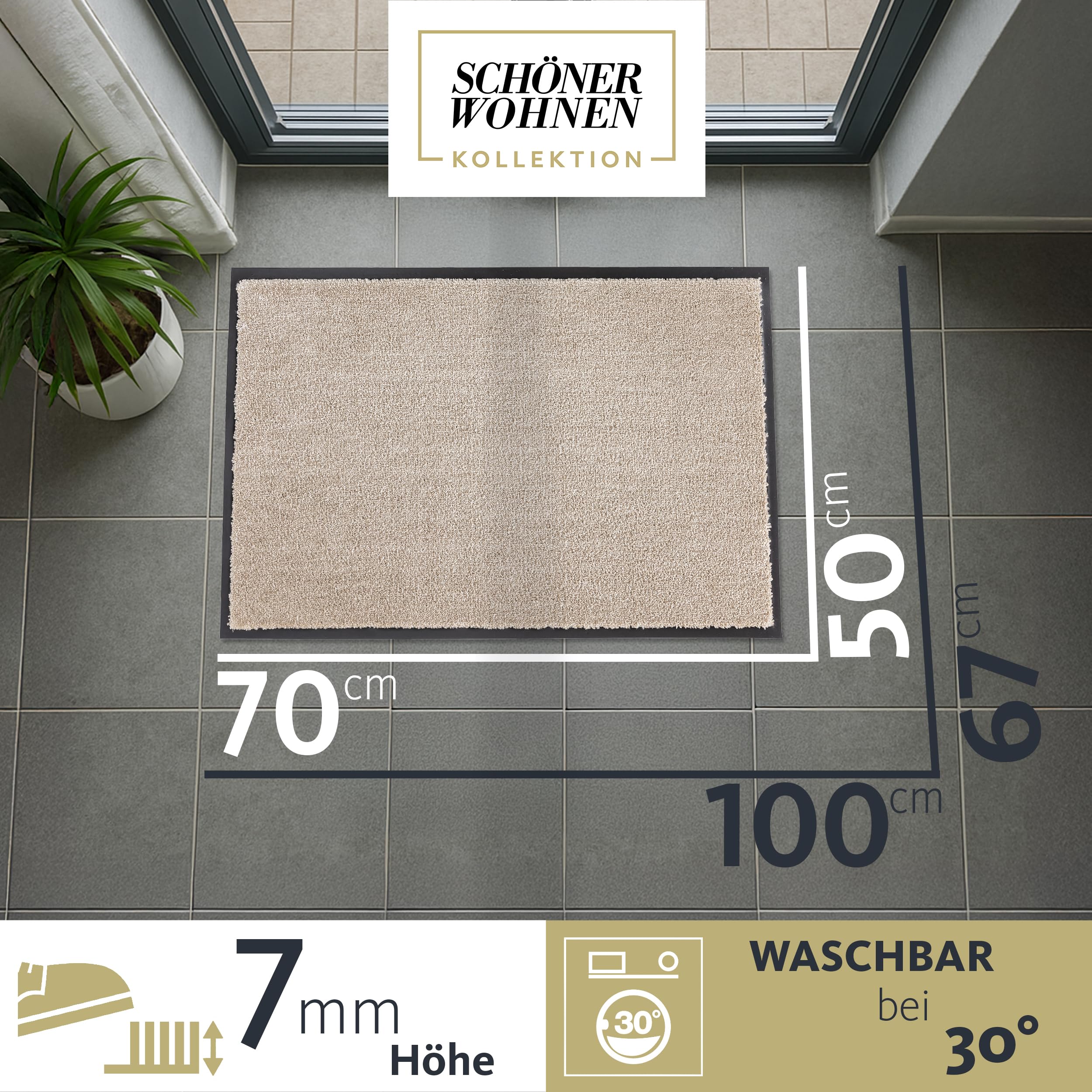 Rutschfeste Türmatte waschbar Innen - Beige 50 x 70 cm (Rechteckig) | Strapazierfähig Fußmatte Innenbereich Schmutzfangmatte pflegeleicht Sauberlaufmatte robust Fussmatte Eingangsbereich Haustür