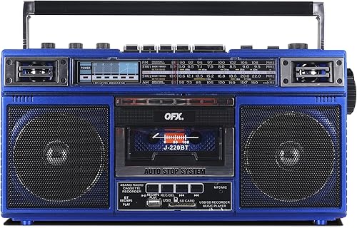 QFX J-220BT Blue Boombox MP3 Conversión de radio a casete con radio de 4 bandas (AM, FM, SW1, SW2) con Bluetooth, altavoces duales de 3 pulgadas,