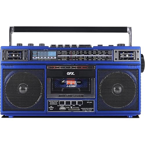 QFX J-220BT Blue Boombox MP3 Conversion from Radio to Cassette with 4-Band (AM, FM, SW1, SW2) Radio with Bluetooth, Dual 3” Speakers, Built-in Microphone, Recorder, and a 3-Band Equalizer