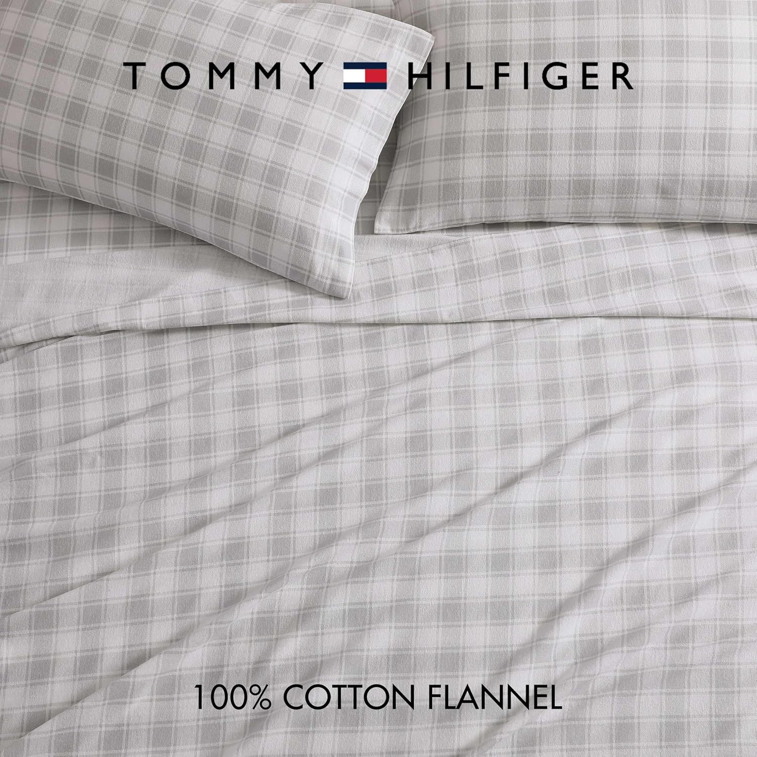 Tommy Hilfiger - Flannel Sheets Queen Size, Anti-Pilling & Wrinkle Resistant Cotton, Touchably Soft for All-Season Comfort - Bed Sheets with Matching Pillowcase & Fitted Sheet (Mill Creek Plaid Grey)