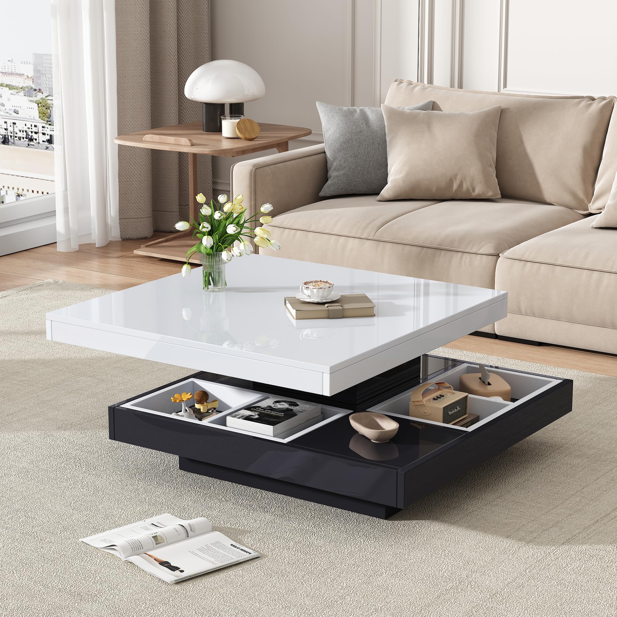 Merax 360° Rotating Coffee Table, High-Gloss White & Black Living Room Table with Storage Compartments, Double-Layer Square Sofa Table, Particleboard, Marble-Style Base,70x70x36cm