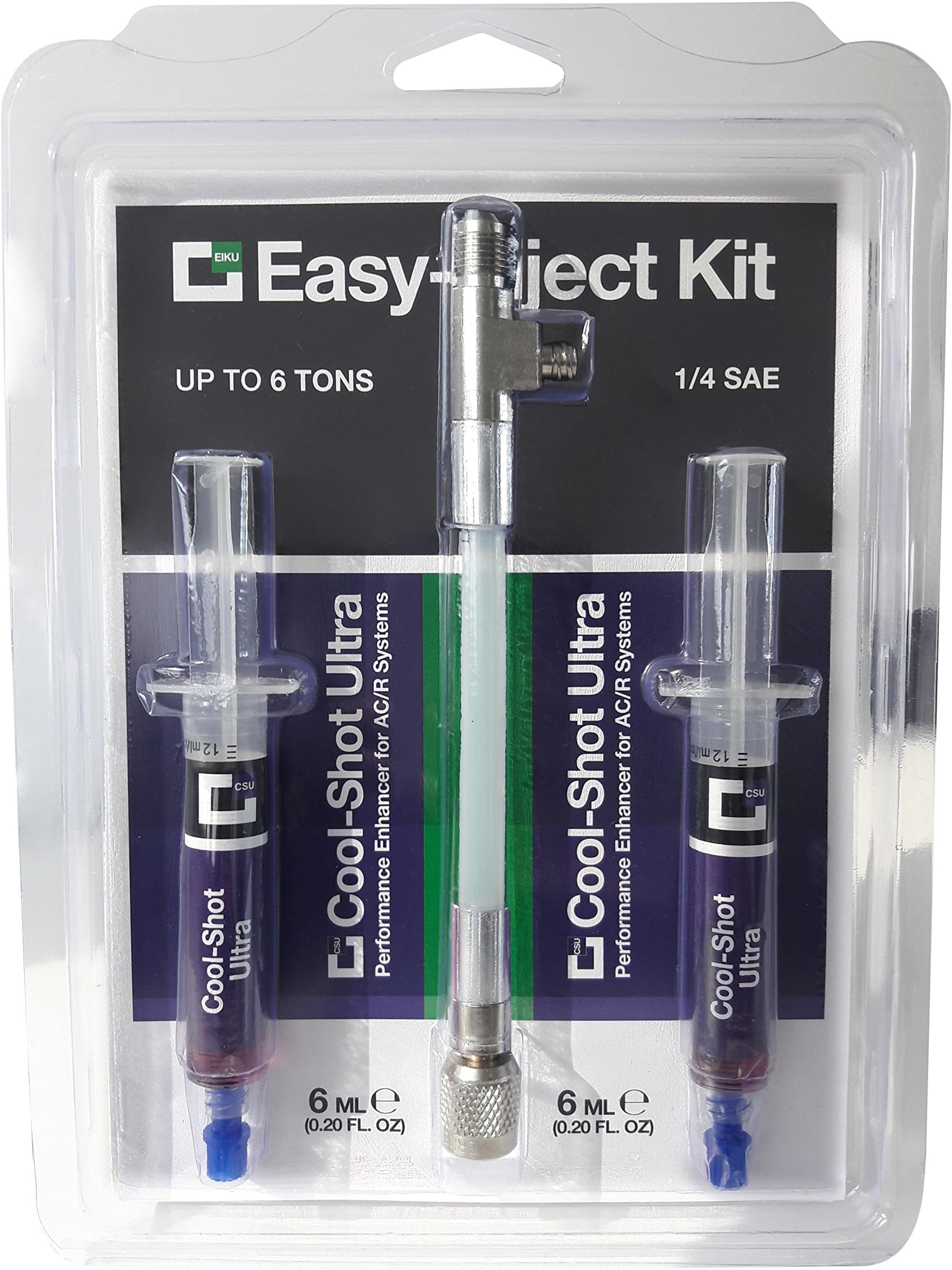 Easy Inject Kit: n.2 AC/R Performance Enhancers COOL-SHOT ULTRA - Both doses are only 0.20 fl.oz./6ml for systems Up To 6 TONS(21 KW) - 1/4 SAE INJECTOR INCLUDED