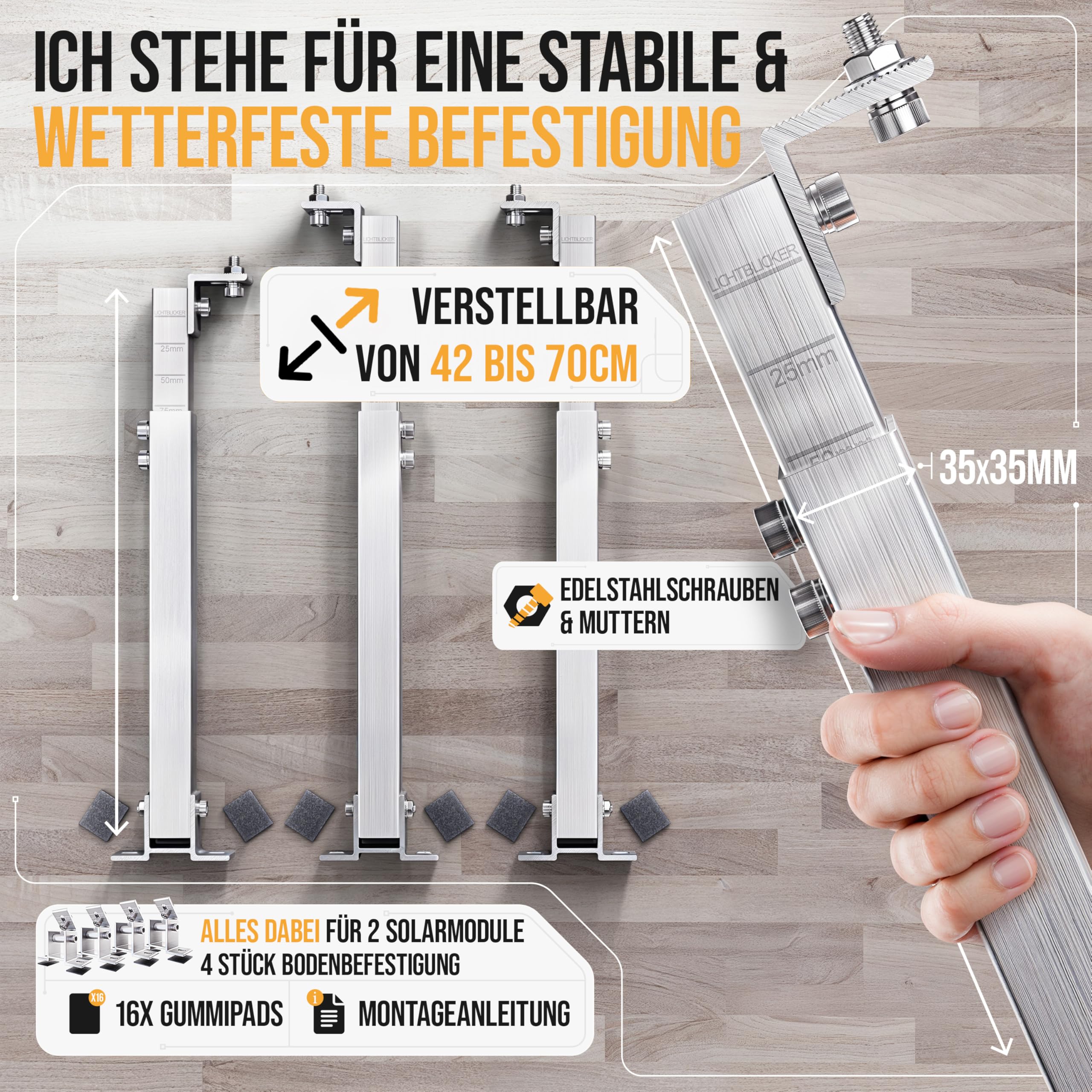 4x Balkonkraftwerk Halterung verstellbar. 0% MwSt. Stabiles Aluprofil mit Edelstahlschrauben. Für Flachdach, Wand etc. Aufständerung für 2x Solarmodule. Verstellbar zwischen 42 und 70cm - Lichtblicker